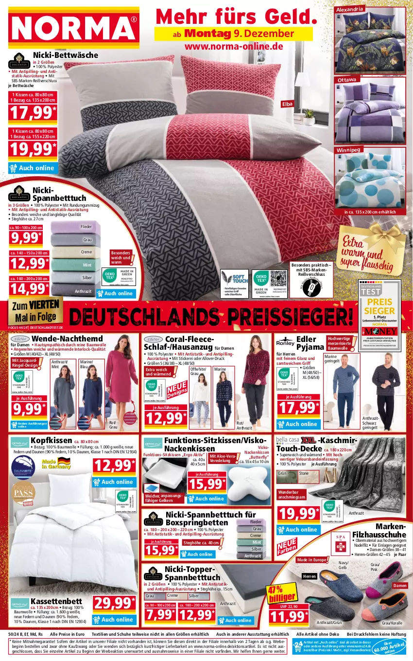 Aktueller Prospekt Norma - Norma - von 09.12 bis 16.12.2024 - strona 1 - produkty: alexa, Anzug, Bau, baumwolle, Bebe, bett, Betten, Betttuch, bettwäsche, boxspringbett, butter, Coral, creme, decke, eis, elle, flieder, gin, Hausschuhe, hemd, kissen, kopfkissen, LG, mint, Nachthemd, nackenkissen, ndk, Pyjama, reine baumwolle, reis, reiss, Ria, ring, rwe, schuhe, sitzkissen, spannbetttuch, Ti, Tipi, tisch, topper, tuc, wolle