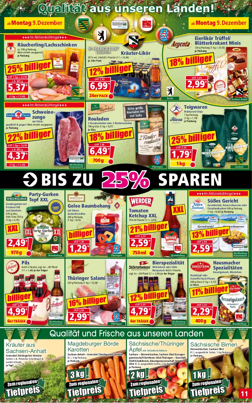 Aktueller Prospekt Norma - Norma - von 09.12 bis 16.12.2024 - strona 11 - produkty: Bau, bier, Birnen, burger, chips, eier, eierlikör, eis, flasche, Garten, gelee, Germ, gewürz, Gewürzgurke, gewürzgurken, gulasch, gurke, gurken, Hausmacher, Kaiser, karotten, kartoffel, ketchup, Knödel, Kraut, kräuter, kuchen, kühlregal, lachs, lachsschinken, LG, likör, mac, nudel, obst, petersilie, pfanne, Pfannkuchen, pils, Räucherling, regal, reis, rind, rinder, Rinderroulade, rinderrouladen, ring, rouladen, rwe, sac, salami, schinken, schnittlauch, schwein, schweine, Schweinezunge, Soße, Spezi, teigwaren, Ti, tiefpreis, tomate, tomaten, tomaten ketchup, topf, Trüffel, wein, weine, würstchen, zucker, zwiebel, zwiebeln