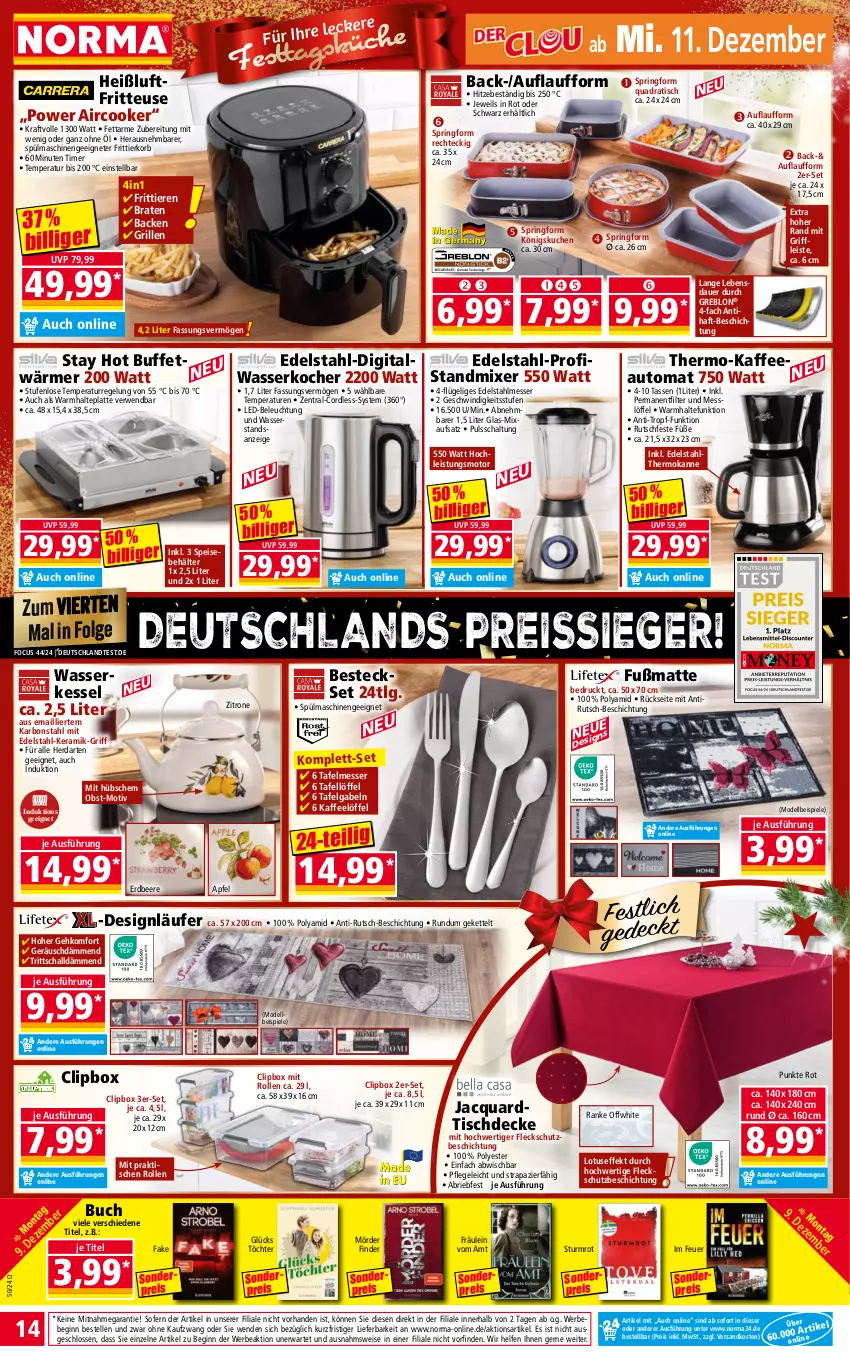 Aktueller Prospekt Norma - Norma - von 09.12 bis 16.12.2024 - strona 14 - produkty: apfel, auer, auto, Bebe, beere, Behälter, beleuchtung, besteck, besteckset, braten, brie, buch, decke, dell, edelstahl, edelstahlmesser, eis, elle, erdbeere, fritteuse, Frittierkorb, Fußmatte, gabel, gin, grill, Heißluftfritteuse, herdarten, kaffee, Kette, Kocher, korb, kraft, kuchen, latte, Läufer, led-beleuchtung, LG, Löffel, messer, Mixa, Mixer, Mode, ndk, obst, quad, reis, reiss, ring, rwe, Schal, Speisebehälter, Spiele, Springform, spülmaschinen, standmixer, tasse, Ti, Tiere, timer, tisch, tischdecke, wasser, wasserkocher, zitrone