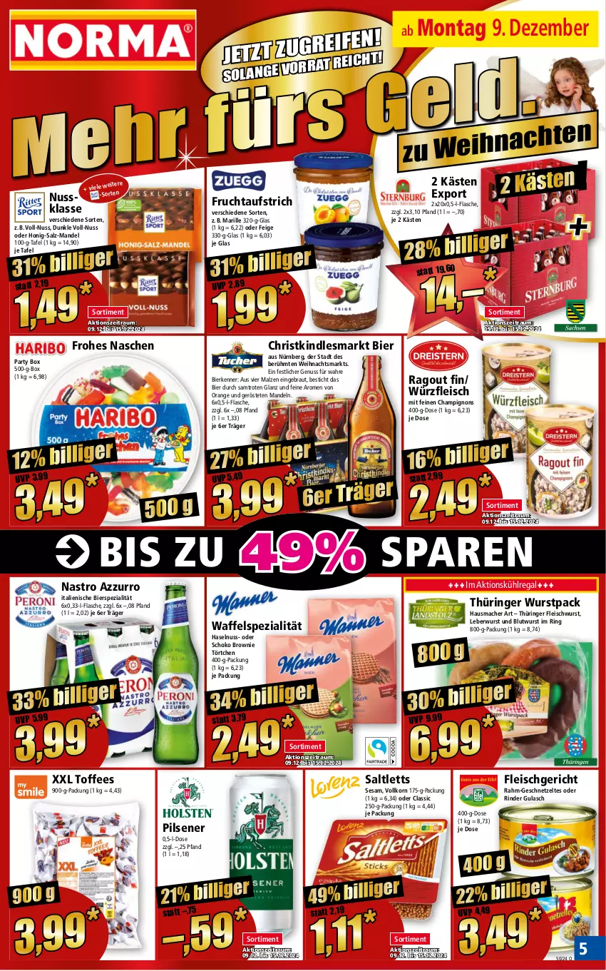 Aktueller Prospekt Norma - Norma - von 09.12 bis 16.12.2024 - strona 5 - produkty: aufstrich, bier, brownie, champignon, champignons, eis, flasche, fleisch, fleischwurst, frucht, fruchtaufstrich, geschnetzeltes, gulasch, haselnuss, Hausmacher, honig, Kindle, korn, kühlregal, leberwurst, mac, malz, mandel, mandeln, nuss, orange, pils, pilsener, Ragout, regal, rind, rinder, ring, saltletts, salz, schoko, sesam, Spezi, Ti, Törtchen, wurst, Zelt