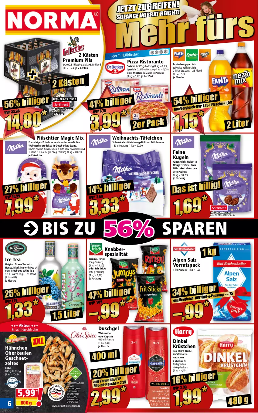 Aktueller Prospekt Norma - Norma - von 09.12 bis 16.12.2024 - strona 6 - produkty: alpenmilch, ball, blueberry, Cap, deo, deospray, Deostick, duschgel, eis, erfrischungsgetränk, flasche, fleisch, geback, geschenkpackung, geschnetzeltes, getränk, gin, green tea, ice tea, kuchen, Kugel, lack, Lebkuchen, milch, milka, mozzarella, natur, oder deospray, Ofen, oreo, pils, pizza, Plüsch, premium pils, rel, riegel, ring, ristorante, salz, schoko, schokolade, schokoladen, Spezi, steinofen, Ti, Tüte, Zelt