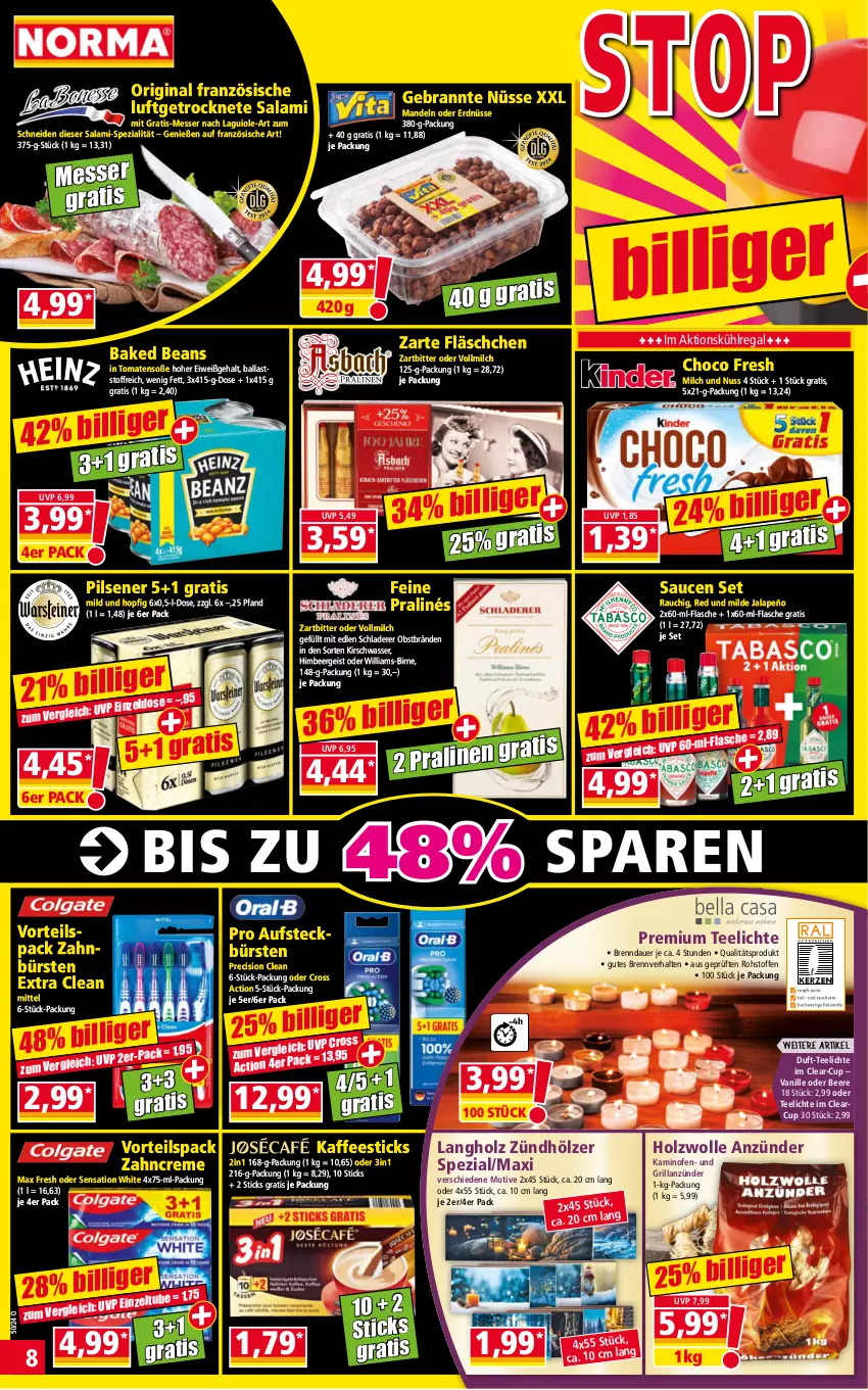 Aktueller Prospekt Norma - Norma - von 09.12 bis 16.12.2024 - strona 8 - produkty: anzünder, auer, aufsteckbürsten, ball, beere, bürste, bürsten, choco fresh, creme, cross action, deo, eis, erdnüsse, flasche, gin, grill, grillanzünder, himbeer, Holz, jalapeño, kaffee, Kamin, Kaminofen, kirsch, kühlregal, Luftgetrocknete Salami, mandel, mandeln, Max Fresh, messer, milch, nuss, obst, Ofen, pils, pilsener, precision clean, Rauch, regal, salami, sauce, saucen, Schladerer, Soße, Spezi, tee, Teelicht, teelichte, Ti, tomate, tomaten, vanille, vollmilch, wasser, wolle, zahnbürste, zahnbürsten, zahncreme, Zelt