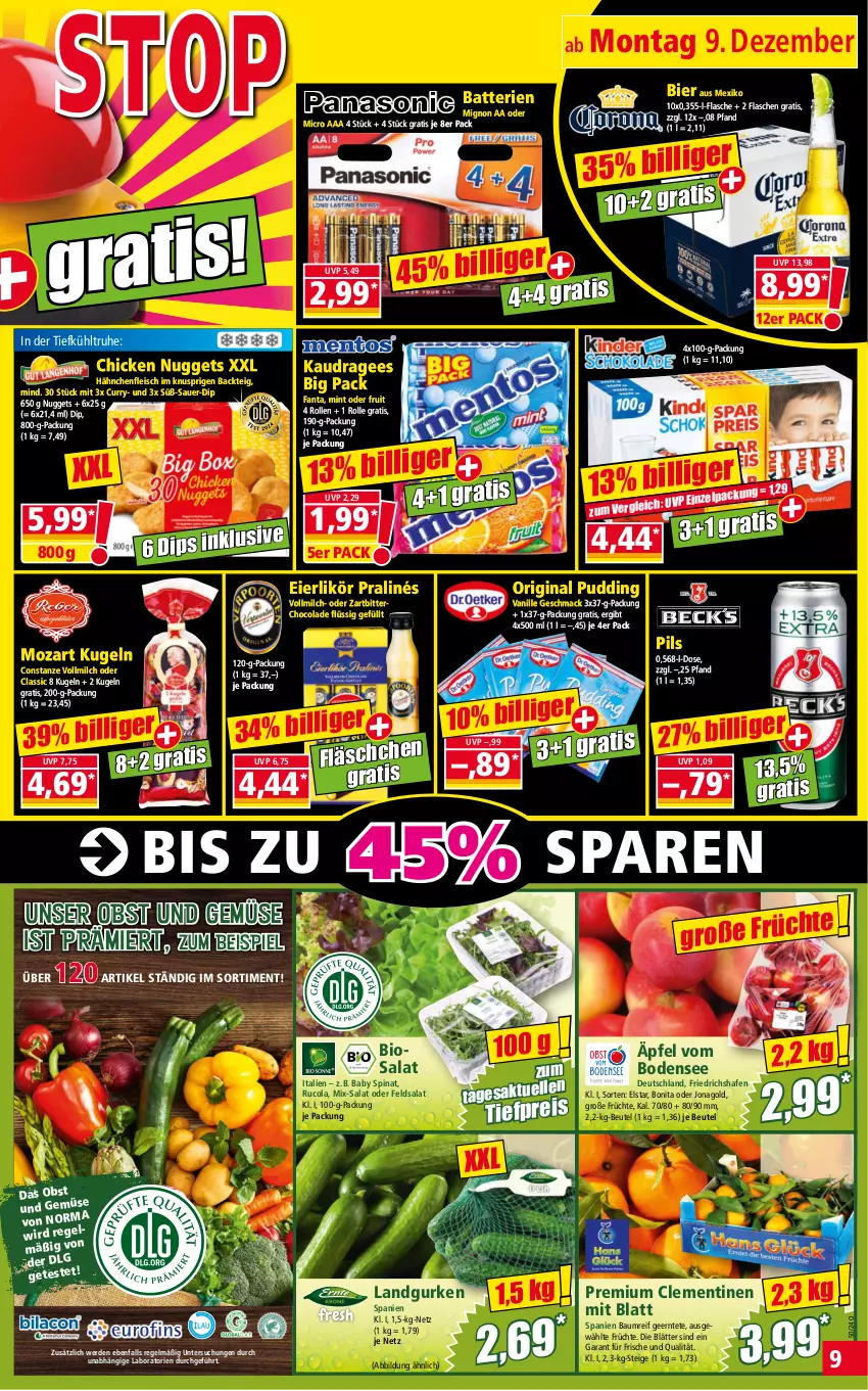 Aktueller Prospekt Norma - Norma - von 09.12 bis 16.12.2024 - strona 9 - produkty: auer, batterie, batterien, Bau, beutel, bier, bio, bonita, chicken nuggets, clementinen, cola, curry, dip, eier, eierlikör, eis, erde, fanta, feldsalat, flasche, fleisch, früchte, gin, gurke, gurken, Hähnchenfleisch, Kugel, Landgurken, LG, likör, mac, milch, mint, nuggets, obst, Obst und Gemüse, pils, pudding, reis, rucola, salat, spinat, Ti, tiefpreis, und gemüse, vanille, vollmilch