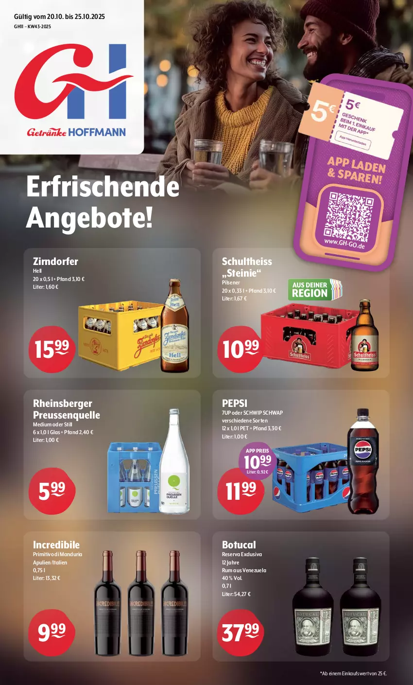 Aktueller Prospekt Getraenke Hoffmann - Prospekte - von 20.10 bis 25.10.2025 - strona 1 - produkty: 7UP, angebot, angebote, Berger, eis, elle, pepsi, pils, pilsener, primitivo, reis, Rheinsberger Preussenquelle, Ria, rum, Schultheiss, Schwip Schwap, Ti, tuc