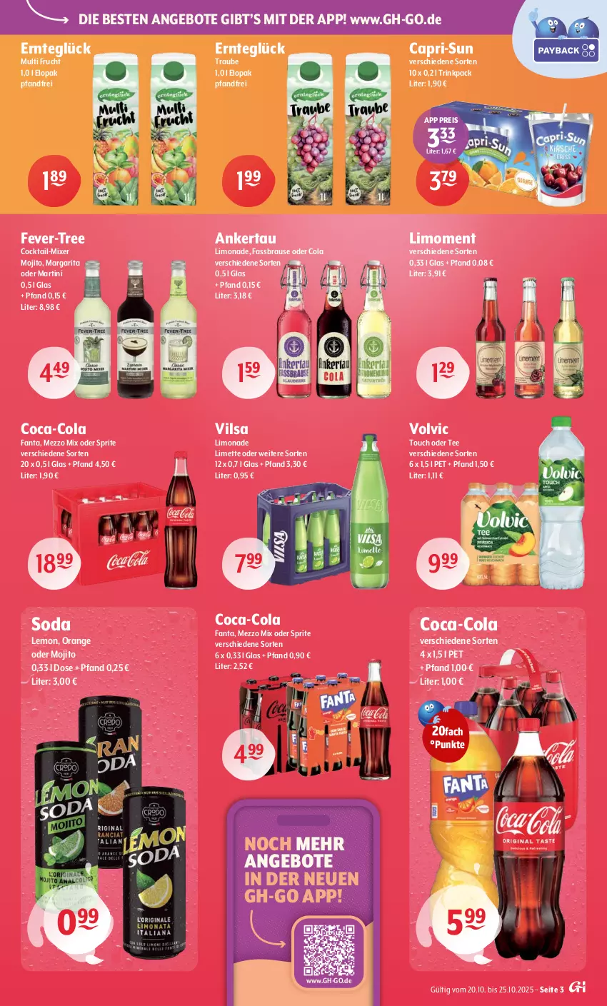 Aktueller Prospekt Getraenke Hoffmann - Prospekte - von 20.10 bis 25.10.2025 - strona 3 - produkty: angebot, angebote, brause, Cap, capri-sun, coca-cola, cocktail, cola, eis, fanta, fassbrause, fever-tree, frucht, limette, limo, limonade, martini, Mett, Mezzo Mix, Mixer, mojito, oder sprite, orange, reis, Soda, sprite, tee, Ti, vilsa, volvic