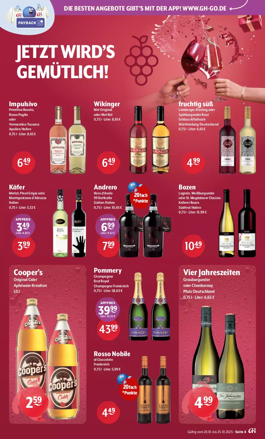 Aktueller Prospekt Getraenke Hoffmann - Prospekte - von 20.10 bis 25.10.2025 - strona 4 - produkty: angebot, angebote, apfel, apfelwein, Berger, brut, burgunder, champagne, champagner, chardonnay, cider, classico, cola, eis, elle, frucht, gin, grauburgunder, käfer, merl, merlot, monte, Montepulciano, nero, Pinot, pinot grigio, primitivo, reis, riesling, rosato, spätburgunder, Ti, wein, Weißburgunder