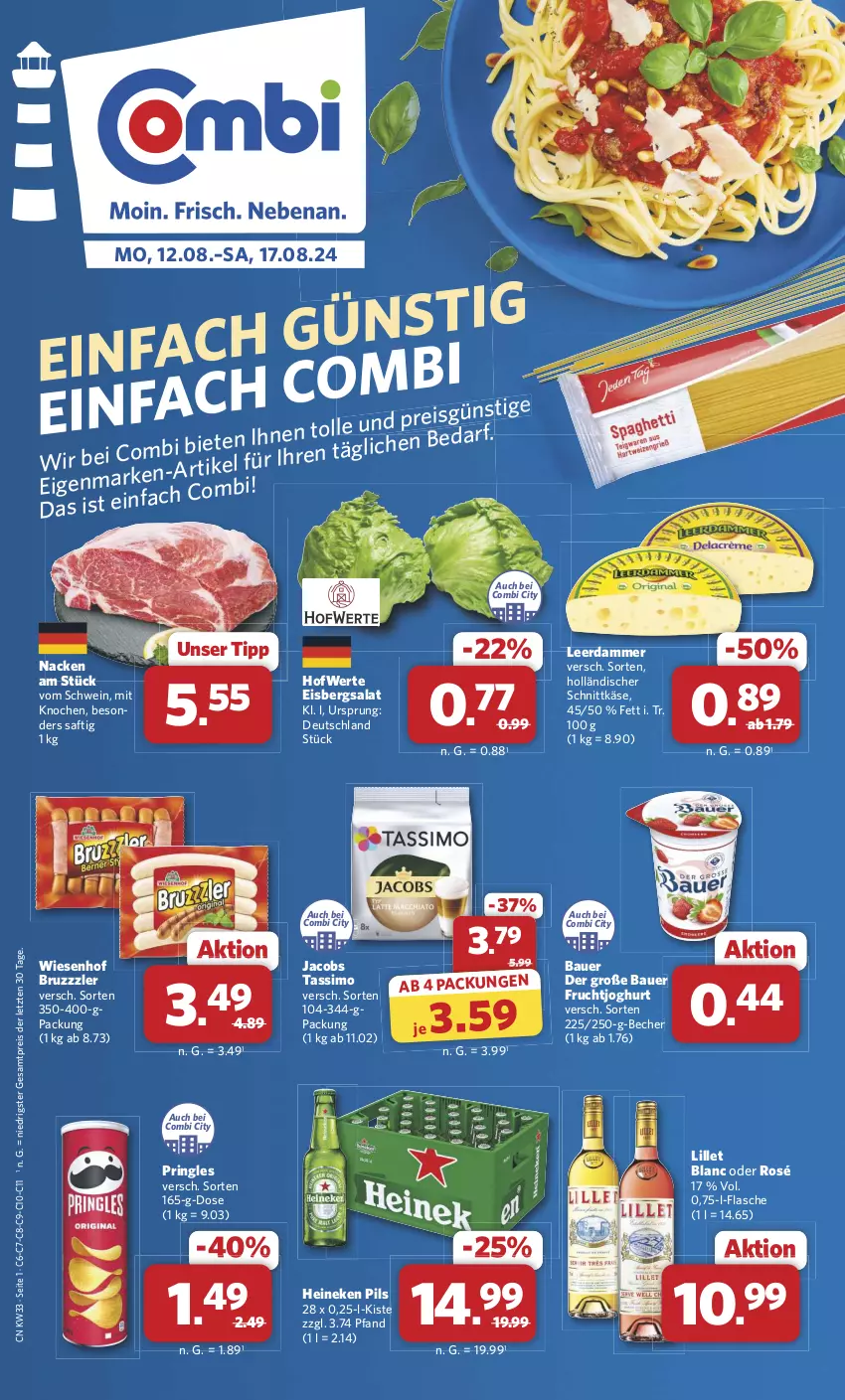 Aktueller Prospekt Combi - Prospekte - von 12.08 bis 17.08.2024 - strona 1 - produkty: auer, Bau, Bauer, Becher, bruzzzler, eis, eisbergsalat, flasche, frucht, fruchtjoghurt, heineken, holländischer schnittkäse, jacobs, jacobs tassimo, joghur, joghurt, Käse, leerdammer, lillet, pils, pringles, reis, ring, saft, salat, schnittkäse, schwein, sim, tassimo, Ti, wein, wiesenhof, ZTE