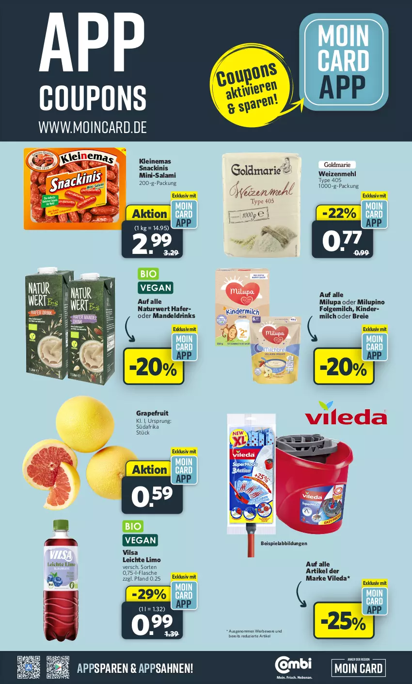 Aktueller Prospekt Combi - Prospekte - von 12.08 bis 17.08.2024 - strona 11 - produkty: beispielabbildung, Brei, coupon, coupons, drink, drinks, eis, flasche, folgemilch, grapefruit, hafer, Kinder, kindermilch, leine, LG, limo, mandel, Mandeldrink, mehl, milch, milupa, Mini-Salami, natur, rwe, sahne, salami, snack, Ti, type 405, vileda, vilsa, weizenmehl