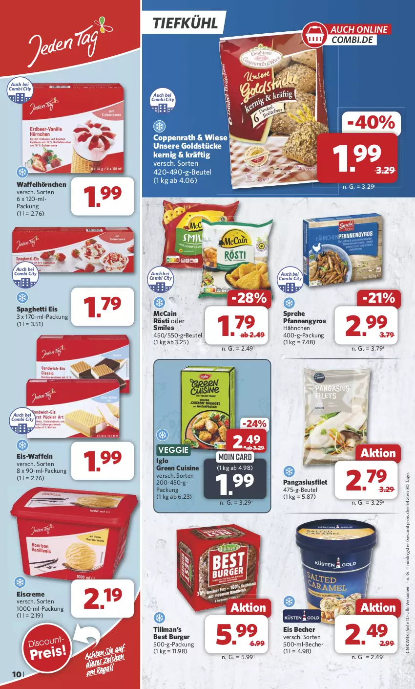 Aktueller Prospekt Combi - Prospekte - von 12.08 bis 17.08.2024 - strona 12 - produkty: Becher, beutel, burger, coppenrath, creme, eis, eiscreme, filet, Goldstücke, gyros, hörnchen, iglo, mccain, Pangasius, pfanne, pfannen, reis, spaghetti, Ti, veggie, Waffelhörnchen, waffeln, ZTE