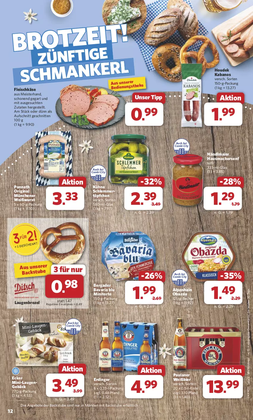 Aktueller Prospekt Combi - Prospekte - von 12.08 bis 17.08.2024 - strona 14 - produkty: Alpenhain, angebot, angebote, aufschnitt, bavaria blu, Becher, bergader, bier, brezel, eis, erdinger, fleisch, fleischkäse, gin, händlmaier, Hausmacher, houdek, kabanos, Käse, Kühne, Laugenbrezel, mac, Meister, obazda, Paula, paulaner, ponnath, reis, Ria, schlemmertöpfchen, schnitten, senf, stube, Ti, Töpfchen, torte, Weißwurst, wurst, ZTE