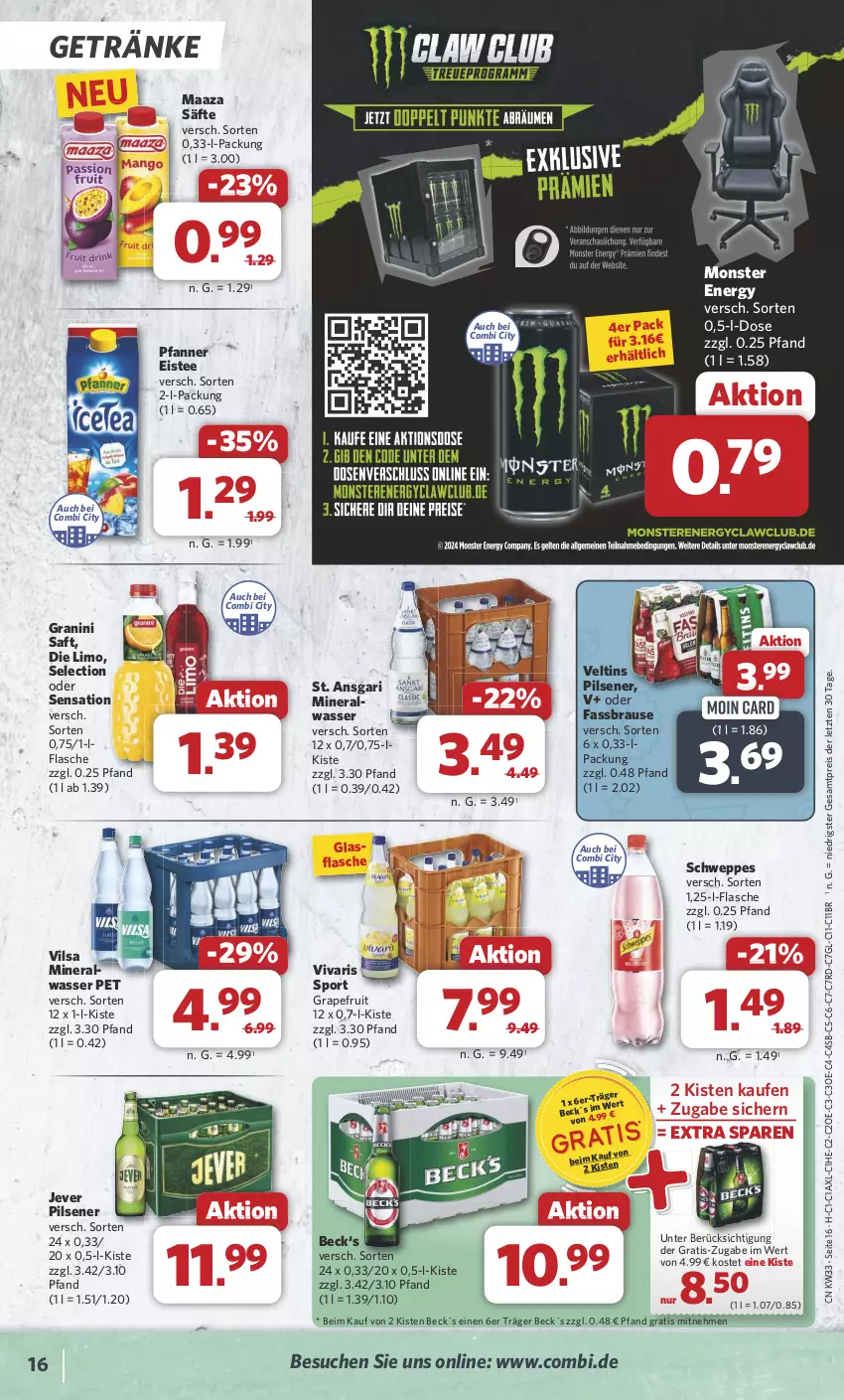 Aktueller Prospekt Combi - Prospekte - von 12.08 bis 17.08.2024 - strona 18 - produkty: Alwa, brause, eis, eistee, fassbrause, flasche, getränk, getränke, glasflasche, granini, grapefruit, jever, jever pilsener, limo, mineralwasser, monster, Monster Energy, pfanne, Pfanner, pils, pilsener, reis, saft, säfte, schweppes, Sport, tee, Ti, veltins, veltins pilsener, vilsa, Vivaris, wasser, ZTE