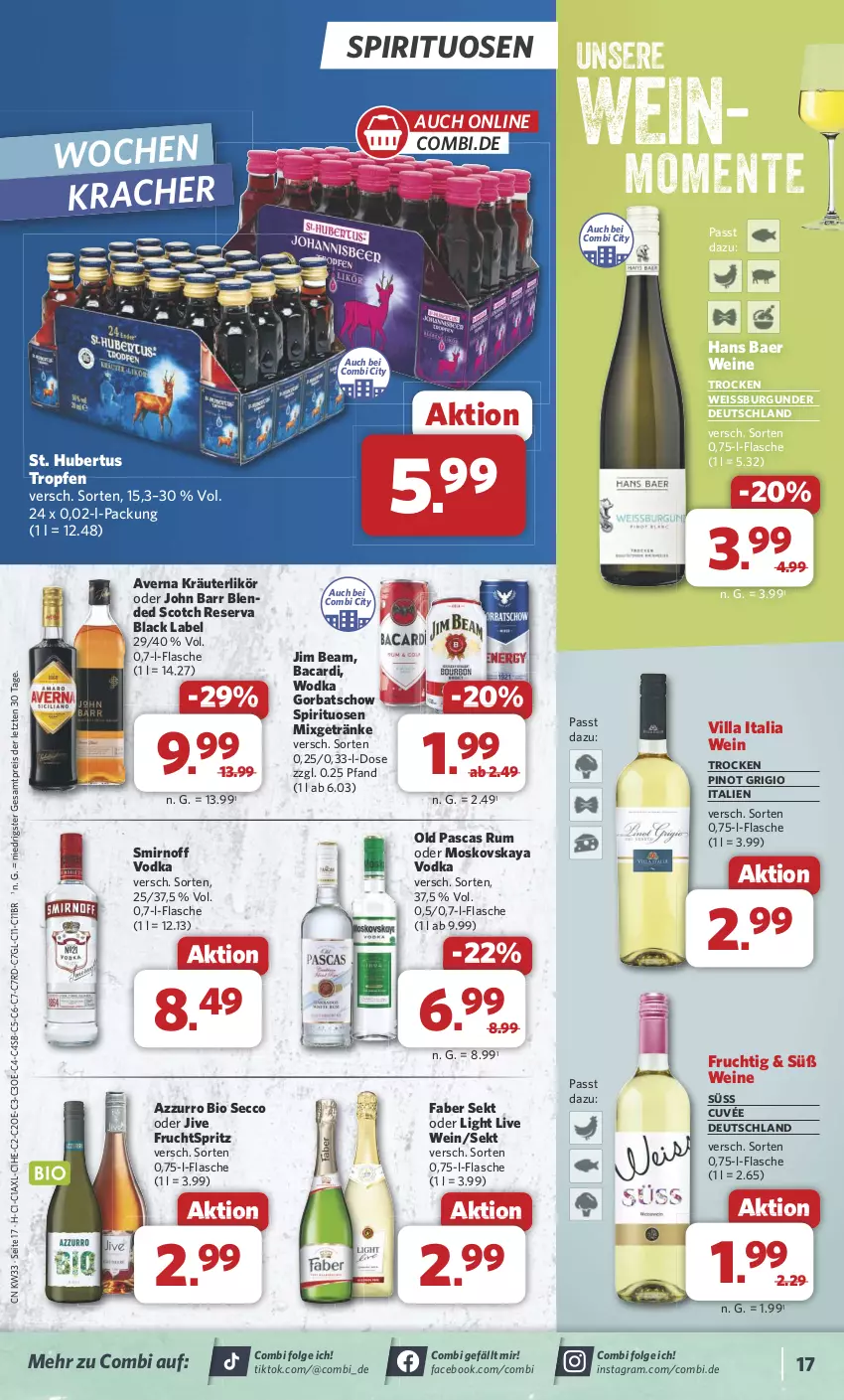 Aktueller Prospekt Combi - Prospekte - von 12.08 bis 17.08.2024 - strona 19 - produkty: averna, bacardi, bio, black label, blended scotch, burgunder, cuvée, ecco, eis, ente, flasche, frucht, getränk, getränke, Gorbatschow, jim beam, John Barr, kracher, kräuter, kräuterlikör, lack, LG, likör, Mixgetränk, moskovskaya, Pinot, pinot grigio, reis, rum, scotch, sekt, smirnoff, spirituosen, Ti, vodka, wein, weine, wodka, ZTE