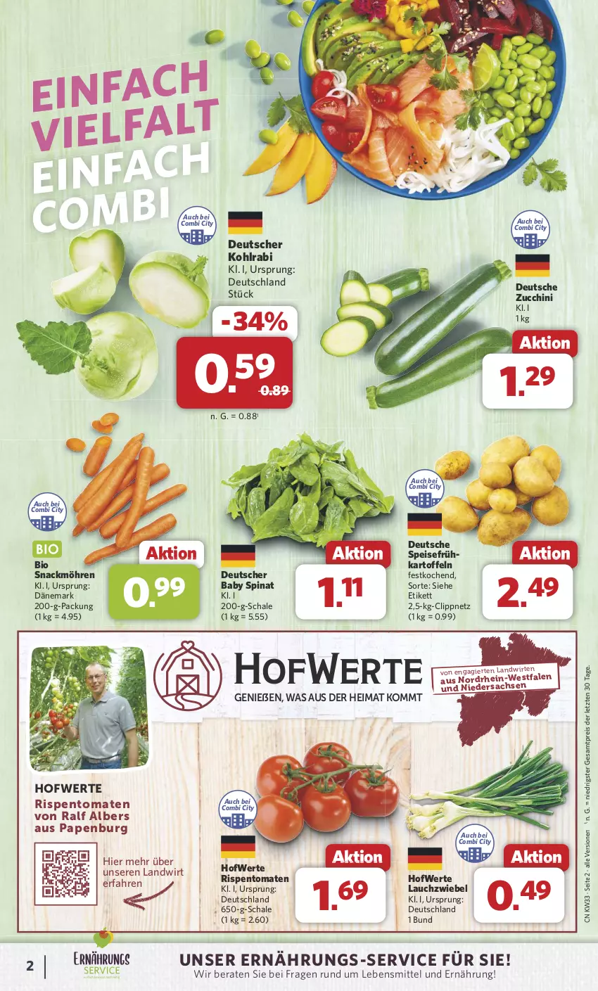 Aktueller Prospekt Combi - Prospekte - von 12.08 bis 17.08.2024 - strona 2 - produkty: bio, eis, Frühkartoffeln, kartoffel, kartoffeln, kohlrabi, Lauchzwiebel, lebensmittel, möhren, reis, rispentomaten, sac, Schal, Schale, snack, speisefrühkartoffeln, spinat, Ti, tomate, tomaten, ZTE, zucchini, zwiebel