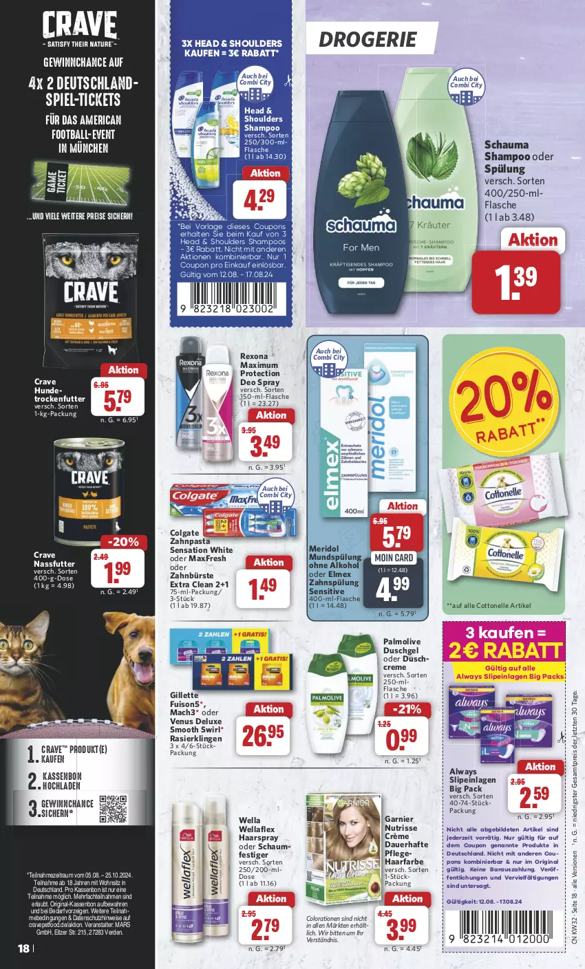 Aktueller Prospekt Combi - Prospekte - von 12.08 bis 17.08.2024 - strona 20 - produkty: alkohol, Alwa, Always, auer, ball, bürste, colgate, Colorationen, cottonelle, coupon, coupons, creme, deo, deo spray, duschgel, eis, elle, elmex, erde, flasche, garnier, gillette, gin, haarspray, LG, mac, mach3, mars, meridol, mundspülung, nassfutter, Nutrisse, ohne alkohol, olive, palmolive, pasta, Rasierklinge, rasierklingen, reis, rexona, schauma, schauma shampoo, shampoo, shampoo oder spülung, slip, slipeinlagen, spülung, swirl, Ti, trockenfutter, venus, Wella, wellaflex, zahnbürste, zahnpasta, ZTE