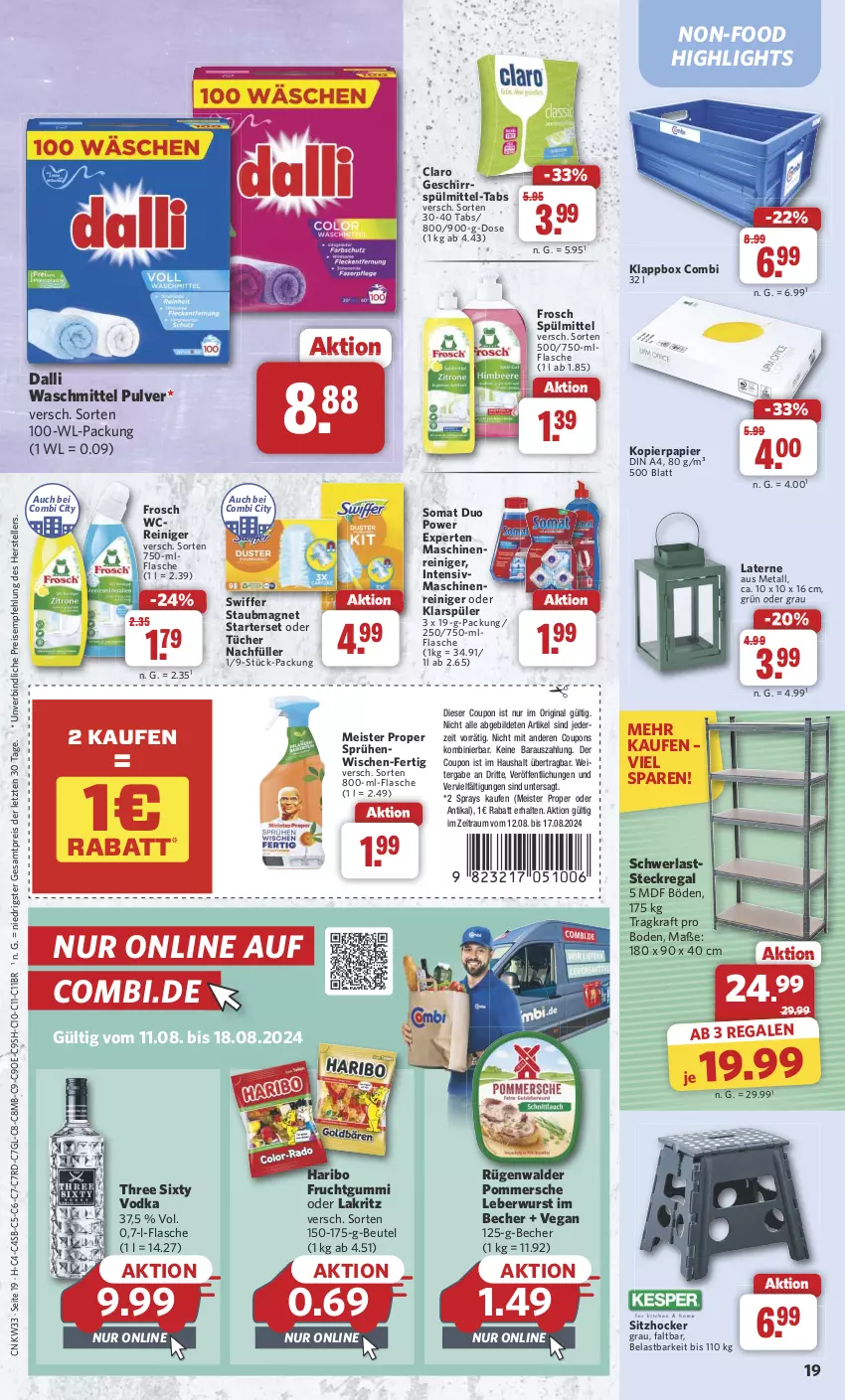 Aktueller Prospekt Combi - Prospekte - von 12.08 bis 17.08.2024 - strona 21 - produkty: Becher, beutel, coupon, coupons, dalli, din a4, Eckregal, eis, elle, flasche, Frosch, frucht, fruchtgummi, geschirr, gin, haribo, hocker, Klappbox, klarspüler, kopierpapier, kraft, Lakritz, laterne, leberwurst, Meister, meister proper, oder lakritz, papier, Pommersche, regal, reiniger, reis, rügenwalder, somat, spülmittel, staubmagnet, steckregal, swiffer, teller, Three Sixty, Ti, tücher, vodka, waschmittel, wurst, ZTE