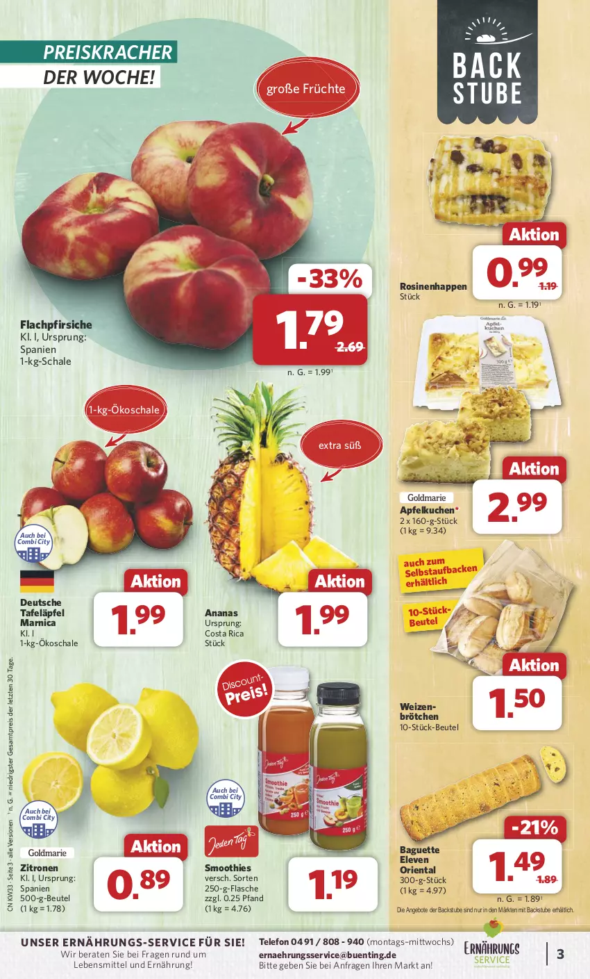 Aktueller Prospekt Combi - Prospekte - von 12.08 bis 17.08.2024 - strona 3 - produkty: ananas, angebot, angebote, apfel, Apfelkuchen, Arnica, baguette, beutel, brötchen, eis, flasche, früchte, HP, kracher, kuchen, lebensmittel, pfirsich, pfirsiche, reis, Schal, Schale, smoothie, smoothies, stube, tafeläpfel, telefon, Ti, weizenbrötchen, zitrone, zitronen, ZTE