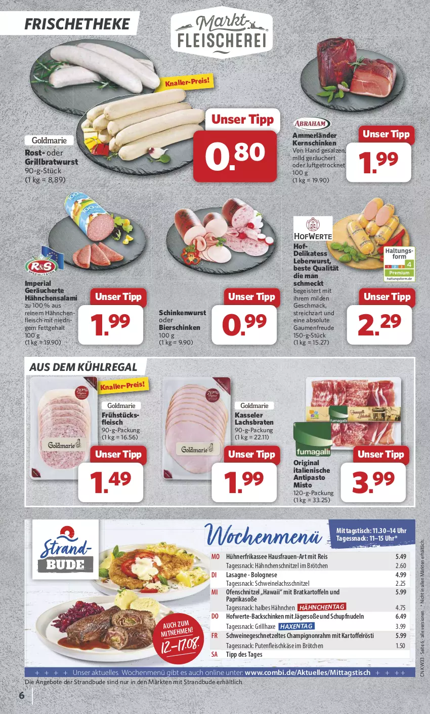 Aktueller Prospekt Combi - Prospekte - von 12.08 bis 17.08.2024 - strona 6 - produkty: ammerländer, angebot, angebote, aus dem kühlregal, axe, bier, bierschinken, bolognese, braten, bratwurst, brötchen, champignon, eis, elle, fleisch, fleischkäse, frühstücksfleisch, geschnetzeltes, gin, grill, grillbratwurst, grillhaxe, Hähnchenfleisch, Hähnchenschnitzel, Haxe, hühner, kartoffel, kartoffeln, Käse, kasseler, kernschinken, kühlregal, lachs, Lachsbraten, lasagne, leberwurst, mac, merl, nerf, nudel, nudeln, Ofen, paprika, pute, Putenfleisch, regal, reis, Ria, salami, salz, schinken, schinkenwurst, schnitzel, schwein, schweine, Schweinelachs, snack, Soße, Streichzart, Ti, tisch, uhr, wein, weine, wurst, Zelt