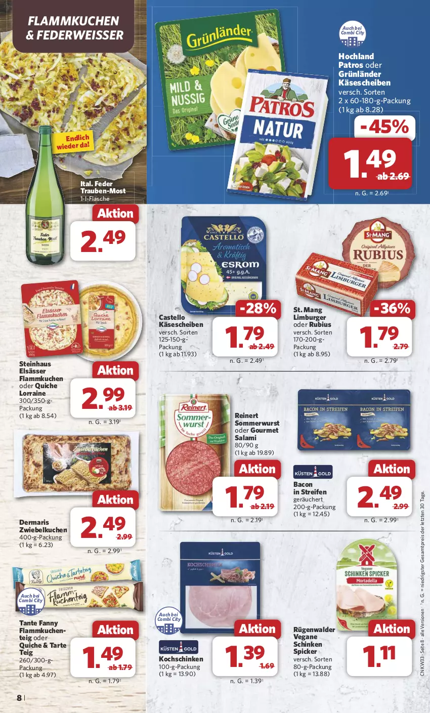 Aktueller Prospekt Combi - Prospekte - von 12.08 bis 17.08.2024 - strona 8 - produkty: bacon, burger, eis, ente, flammkuchen, Flammkuchenteig, flasche, grünländer, hochland, Käse, käsescheiben, kochschinken, kuchen, lamm, Limburger, patros, Quiche, reifen, reinert, reis, Rubius, rügenwalder, rwe, salami, schinken, schinken spicker, St. Mang, steinhaus, tante fanny, Ti, trauben, wurst, ZTE, zwiebel