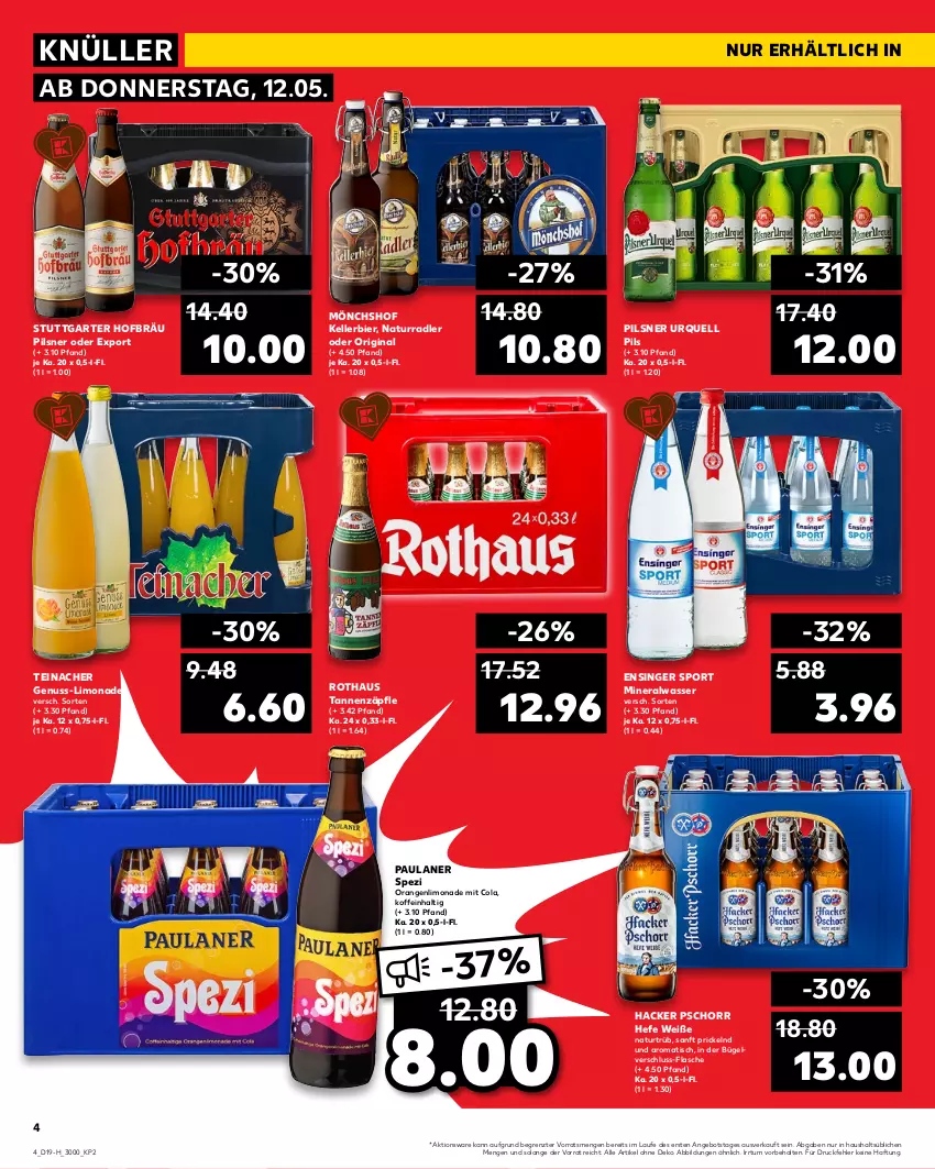 Aktueller Prospekt Kaufland - Spezielle Angebote - von 12.05 bis 18.05.2022 - strona 4 - produkty: Alwa, angebot, bier, bügel, cola, elle, flasche, gin, hacker pschorr, Hefe, kellerbier, limo, limonade, mineralwasser, mönchshof, natur, nuss, orange, orangen, Paula, paulaner, pils, pilsner, pilsner urquell, radler, Spezi, Sport, Ti, tisch, wasser, ZTE