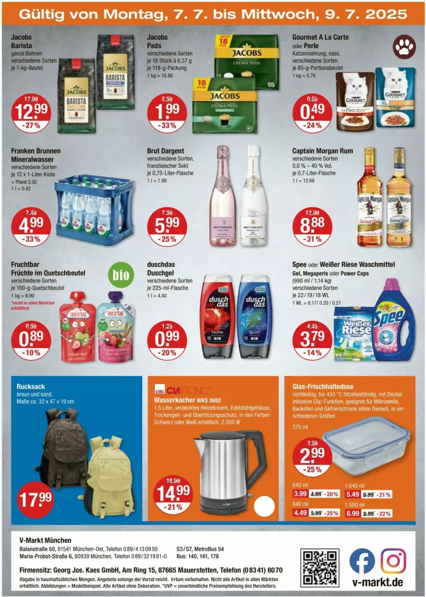 Aktueller Prospekt Vmarkt - Prospekte - von 03.07 bis 09.07.2025 - strona 20 - produkty: alle artikel ohne dekoration, Alwa, angebot, angebote, auer, beutel, braun, brunnen, brut, brut dargent, Cap, captain morgan, dekoration, dell, duschdas, duschgel, eis, elle, flasche, franken brunnen, frucht, früchte, kaes, katzennahrung, megaperls, Metro, mineralwasser, Mode, obst, portionsbeutel, quetschbeutel, reis, Ria, ring, rucksack, rum, sac, sekt, spee, telefon, teller, Ti, waschmittel, wasser