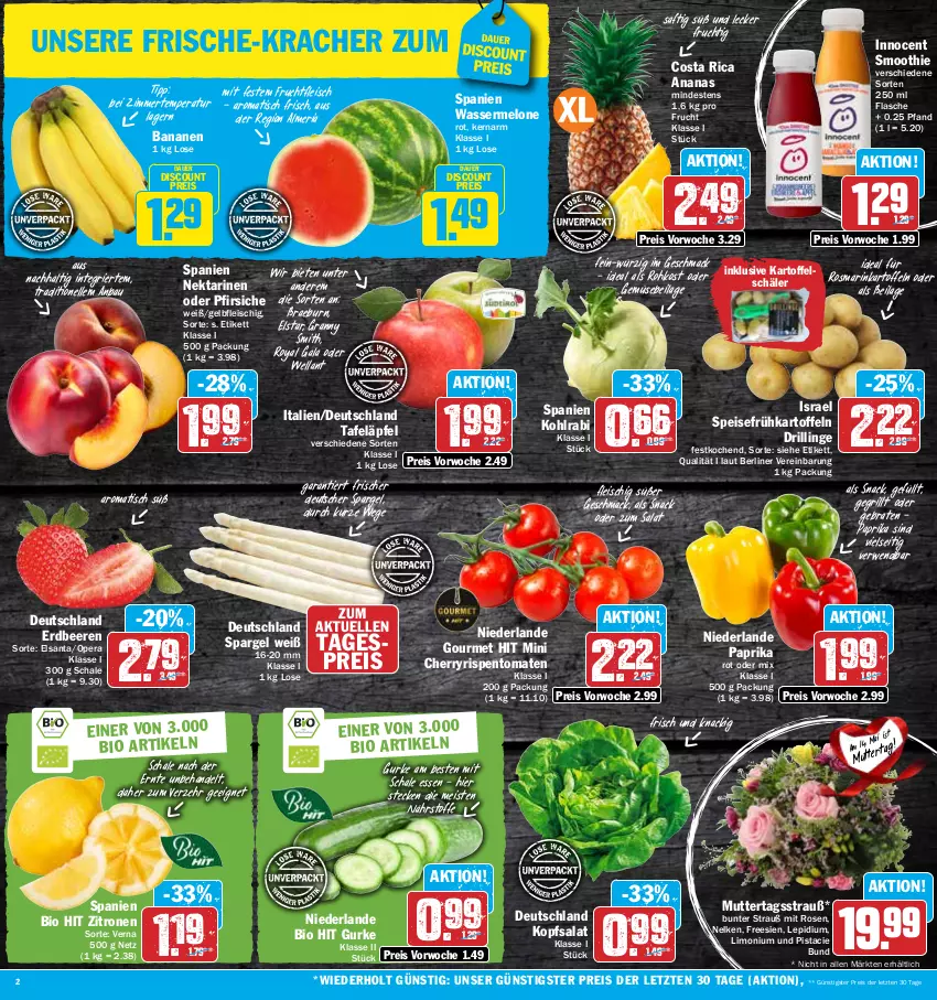 Aktueller Prospekt Hit - Prospekte - von 08.05 bis 13.05.2023 - strona 2 - produkty: ananas, auer, banane, bananen, Bau, beere, beeren, berliner, bio, bio hit, braten, deutscher spargel, discount, eis, elle, erdbeere, erdbeeren, flasche, fleisch, frucht, fruchtfleisch, Frühkartoffeln, grill, gurke, ilag, Innocent, kartoffel, kartoffeln, kohlrabi, kopfsalat, kracher, limo, mac, melone, Nektar, nektarinen, oder pfirsiche, paprika, paprika rot, pfirsich, pfirsiche, reis, Ria, rispentomaten, rosen, rosmarin, rwe, saft, salat, Schal, Schale, smoothie, snack, spargel, speisefrühkartoffeln, tafeläpfel, Ti, tisch, tomate, tomaten, wasser, wassermelone, Wella, zitrone, zitronen, ZTE