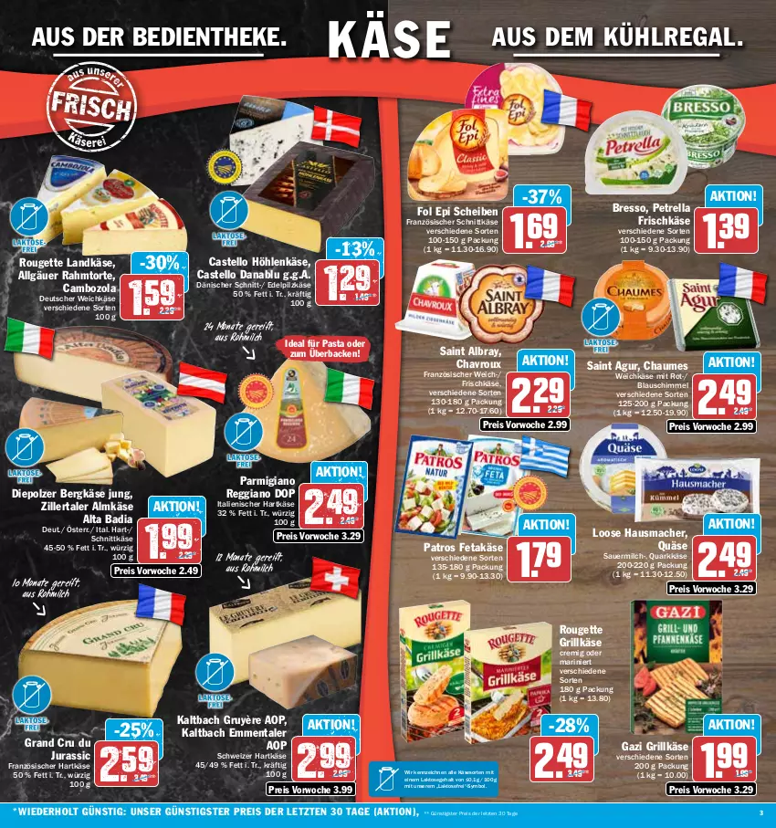 Aktueller Prospekt Hit - Prospekte - von 08.05 bis 13.05.2023 - strona 3 - produkty: albray, almkäse, auer, aus dem kühlregal, Bad, Bergkäse, bresso, cambozola, chaumes, chavroux, deutscher weichkäse, eis, emmentaler, feta, fol epi, frischkäse, grill, Grillkäse, hartkäse, Hausmacher, höhlenkäse, italienischer hartkäse, Jura, Käse, kühlregal, landkäse, LG, Loose, mac, milch, ndk, parmigiano, parmigiano reggiano, pasta, patros, petrella, quark, quäse, regal, reggiano, reis, rel, rouge, rougette, Saint Agur, saint albray, schnittkäse, schweizer hartkäse, Ti, torte, weichkäse, ZTE