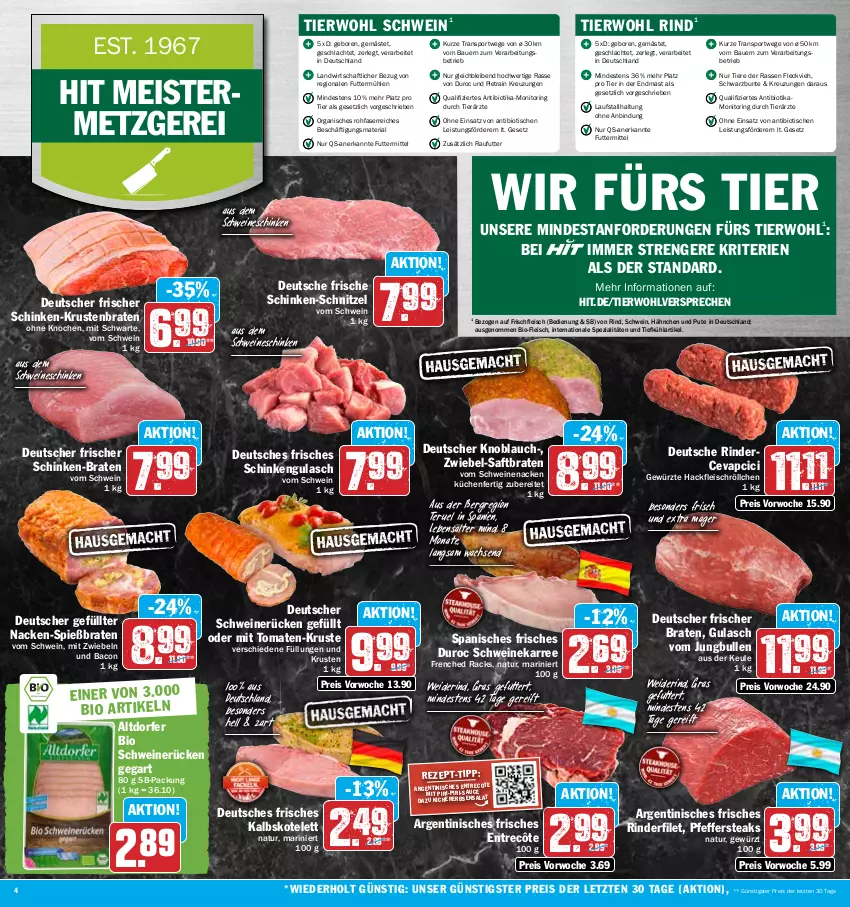 Aktueller Prospekt Hit - Prospekte - von 08.05 bis 13.05.2023 - strona 4 - produkty: auer, bacon, Bau, Bauer, bio, braten, cevapcici, eis, entrecôte, erbsen, filet, fleisch, Geflügel, gewürz, gulasch, hackfleisch, jungbullen, kalbskotelett, kichererbsen, knoblauch, kotelett, krustenbraten, küche, Küchen, Meister, mit zwiebeln, monitor, natur, pfeffer, pute, reis, Ria, rind, rinder, rinderfilet, ring, saft, sauce, schinken, schnitzel, schwein, schweine, schweinenacken, schweinerücken, Spezi, Sport, steak, steaks, Ti, Tiere, tisch, tomate, tomaten, vom schweinenacken, wein, weine, ZTE, zwiebel, zwiebeln