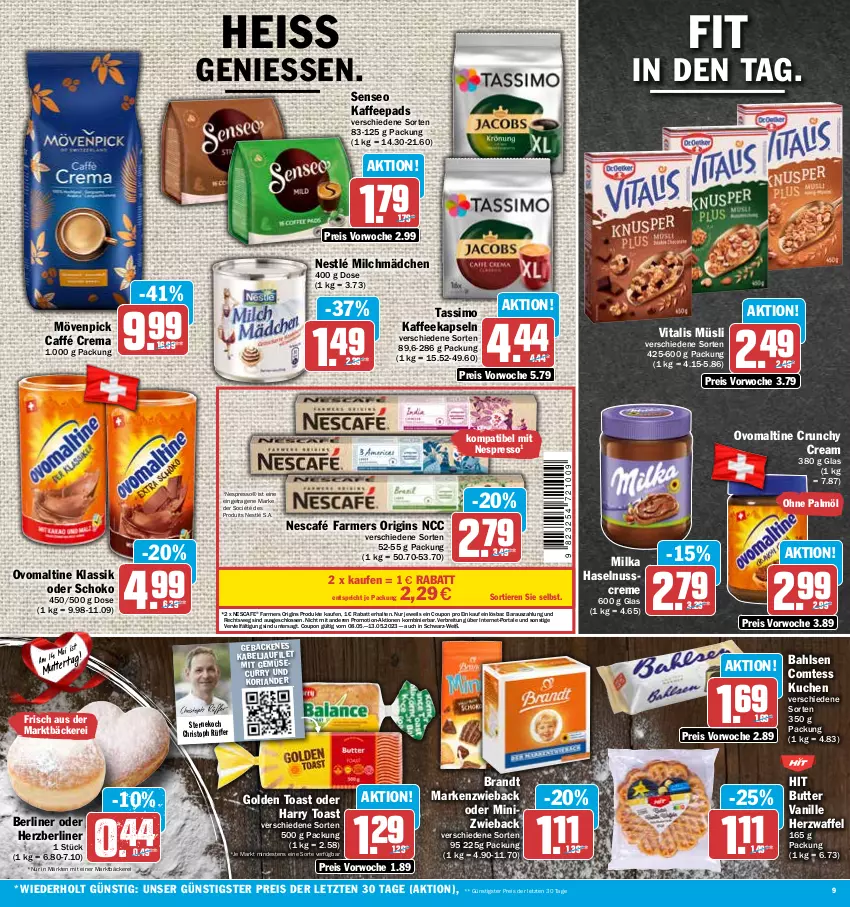 Aktueller Prospekt Hit - Prospekte - von 08.05 bis 13.05.2023 - strona 9 - produkty: bahlsen, berliner, brandt, Brei, butter, comtess, coupon, creme, curry, eis, espresso, filet, geback, gin, golden toast, haselnuss, Haselnusscreme, kabeljaufilet, kaffee, kaffeekapseln, kaffeepads, Koriander, kuchen, Markenzwieback, milch, milka, mit gemüse, mövenpick, müsli, nescafe, Nescafé, nespresso, nestlé, nuss, ohne palmöl, ovomaltine, reis, Ria, schoko, senseo, sim, tassimo, Ti, Tiere, toast, vanille, vita, vitalis, vitalis müsli, ZTE