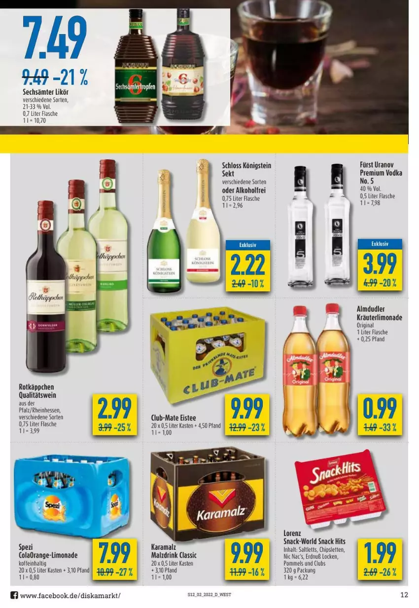 Aktueller Prospekt Diska - Prospekte - von 10.01 bis 15.01.2022 - strona 12 - produkty: alkohol, almdudler, chips, cola, drink, eis, eistee, flasche, gin, karamalz, kräuter, likör, limo, limonade, lorenz, malz, nic nac's, Pommels, premium vodka, qualitätswein, rama, rotkäppchen, saltletts, sekt, snack, snack hits, Spezi, tee, Ti, vodka, wein