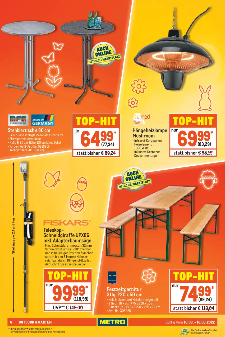 Aktueller Prospekt Metro - NonFood - von 10.03 bis 16.03.2022 - strona 6 - produkty: adapter, Bau, bier, decke, eis, elle, garnitur, Garten, Holz, HP, Kette, lack, Lampe, latte, LG, messer, reis, säge, Teleskop, teller, Ti, tisch, tischplatte, top-hit, Zelt