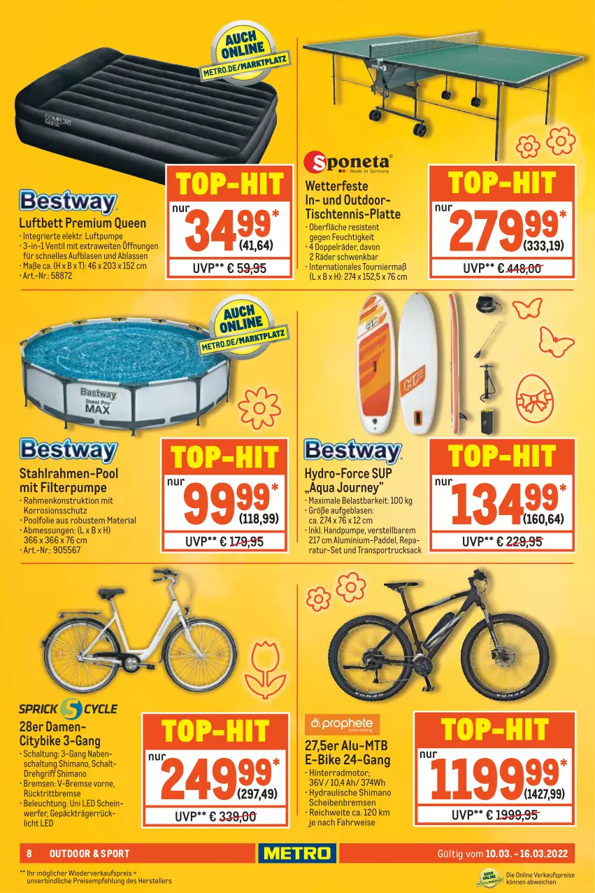 Aktueller Prospekt Metro - NonFood - von 10.03 bis 16.03.2022 - strona 8 - produkty: aqua, beleuchtung, bett, E-Bike, eis, elle, latte, luftbett, pool, reis, Ria, rücklicht, rucksack, rücktrittbremse, rwe, sac, Schal, shimano, Sport, teller, Ti, tisch, top-hit