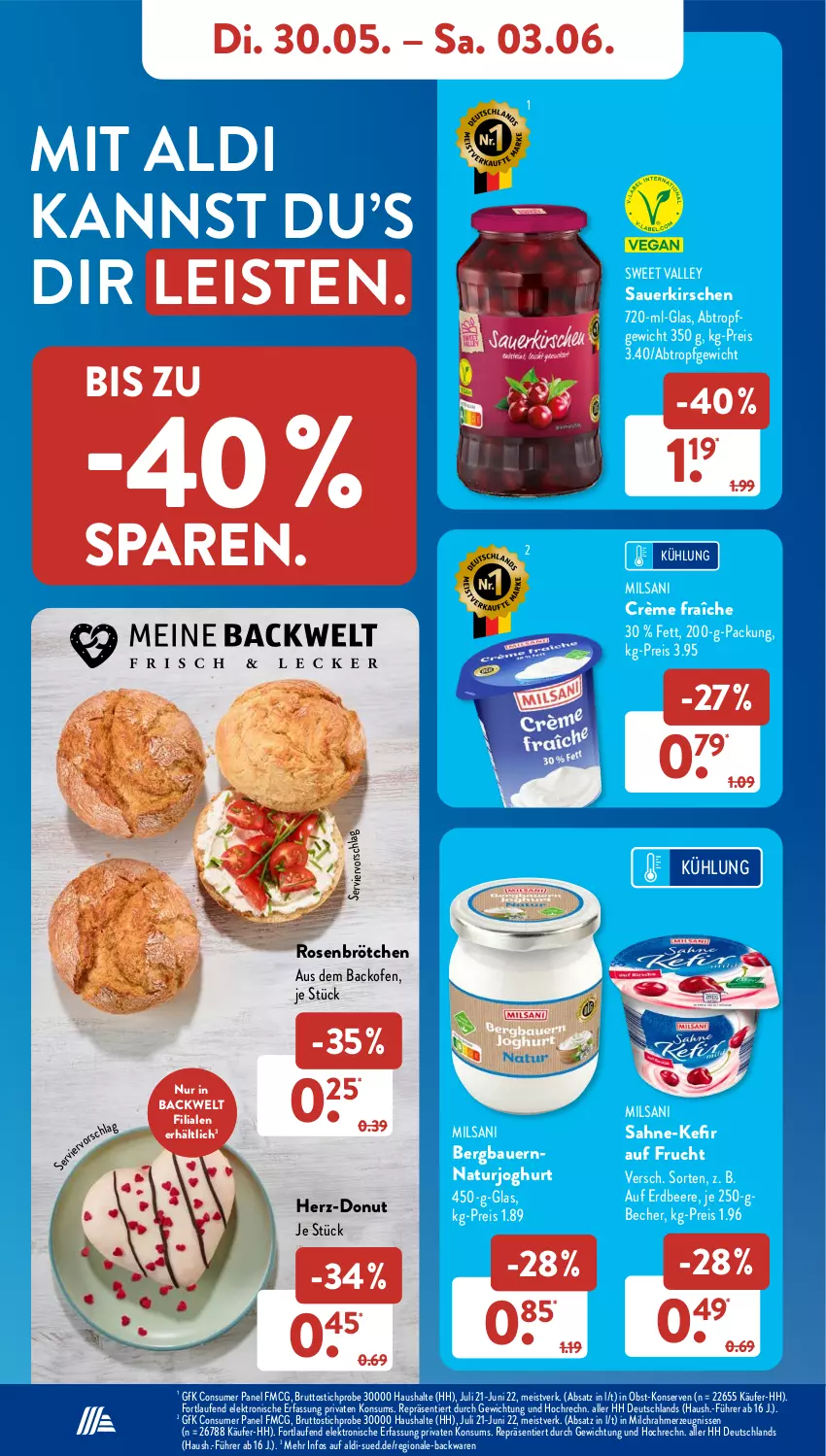 Aktueller Prospekt AldiSud - NÄCHSTE WOCHE - von 30.05 bis 03.06.2023 - strona 10 - produkty: aldi, auer, backofen, backwaren, Bau, Bauer, Becher, beere, brötchen, brut, crème fraîche, Donut, eis, Elektro, erdbeere, frucht, HP, joghur, joghurt, Kefir, kirsch, kirsche, kirschen, Konserven, Laufen, milch, natur, naturjoghurt, obst, Ofen, reis, rosen, sahne, sauerkirschen, Ti