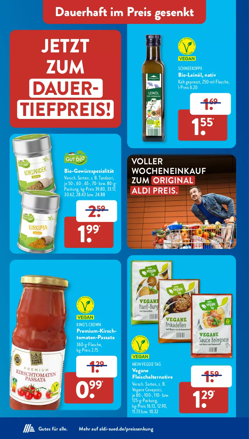 Aktueller Prospekt AldiSud - NÄCHSTE WOCHE - von 30.05 bis 03.06.2023 - strona 12 - produkty: aldi, auer, bio, cevapcici, dauertiefpreis, eis, flasche, fleisch, Fleischalternative, gewürz, gin, kirsch, leinöl, reis, reiss, Schal, Spezi, Ti, tiefpreis, tomate, tomaten, Vegane Fleisch, veggie