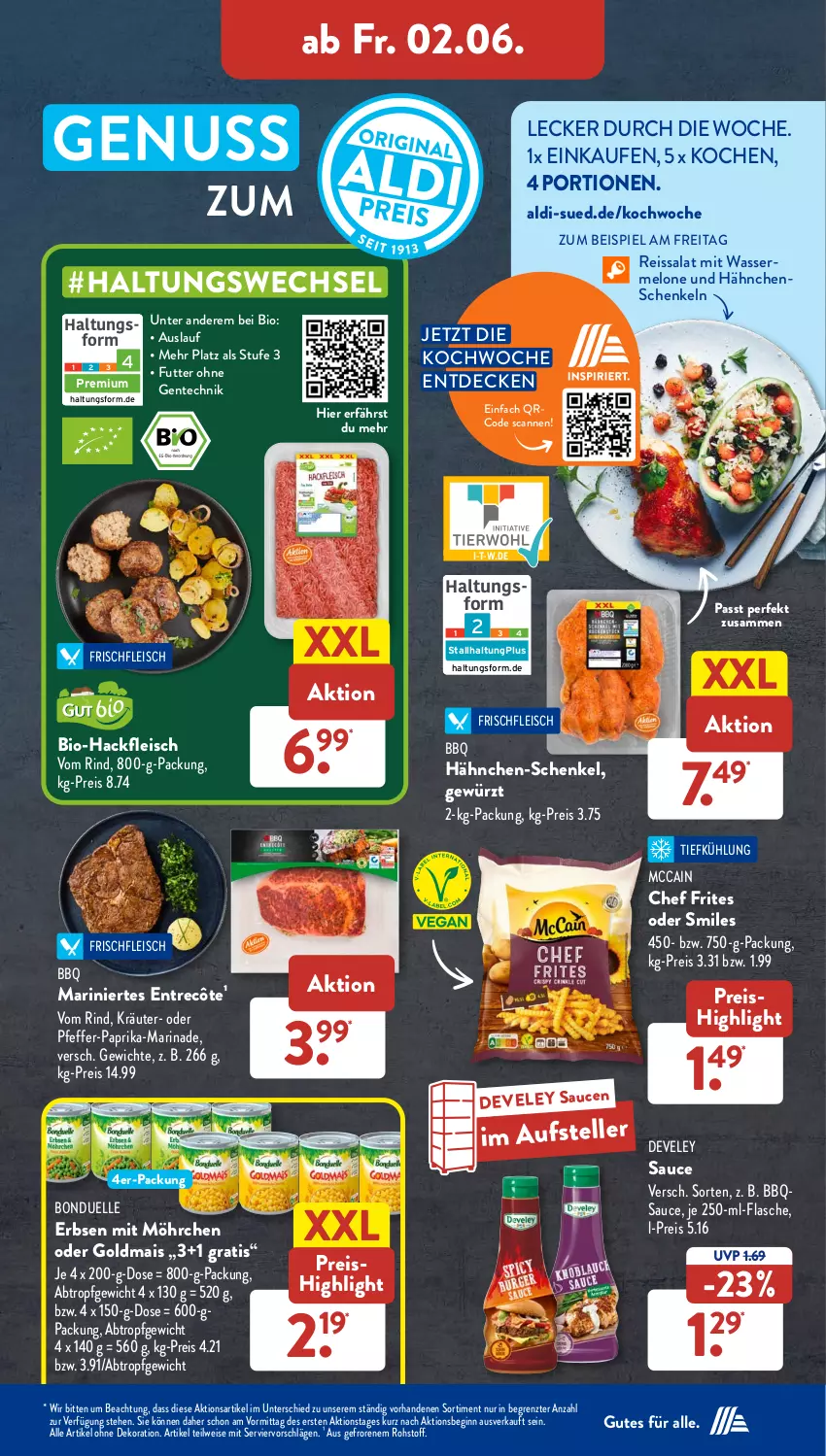 Aktueller Prospekt AldiSud - NÄCHSTE WOCHE - von 30.05 bis 03.06.2023 - strona 38 - produkty: aldi, alle artikel ohne dekoration, bio, Bio-Hackfleisch, bonduelle, decke, dekoration, develey, eis, elle, ente, entrecôte, erbsen, flasche, fleisch, gewürz, gin, Goldmais, gsw, hackfleisch, hähnchen-schenkel, hähnchenschenkel, henkel, kräuter, mais, marinade, mccain, melone, nuss, paprika, pfeffer, reis, reiss, rind, salat, sauce, saucen, schenkel, teller, Ti, wasser, wassermelone, ZTE