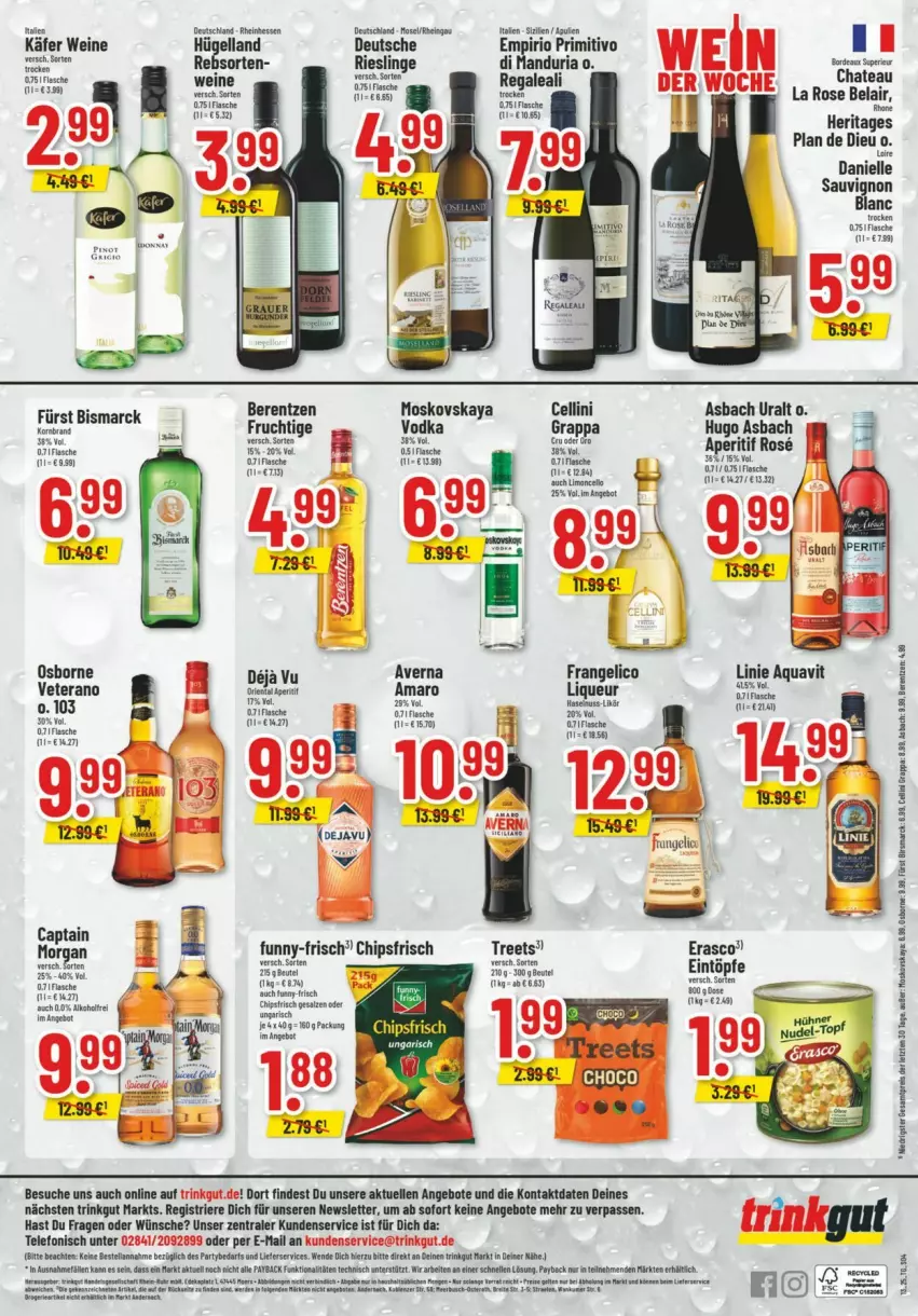 Aktueller Prospekt Trinkgut - Prospekte - von 23.03 bis 29.03.2025 - strona 6 - produkty: amaro, angebot, angebote, aqua, aquavit, asbach uralt, averna, berentzen, beutel, Cap, chateau, chips, chipsfrisch, eintöpfe, elle, erasco, flasche, frangelico, frucht, funny-frisch, grappa, hugo, käfer, likör, liqueur, moskovskaya, osborne, primitivo, Ria, riesling, salz, telefon, Ti, veterano, vodka, wein, weine