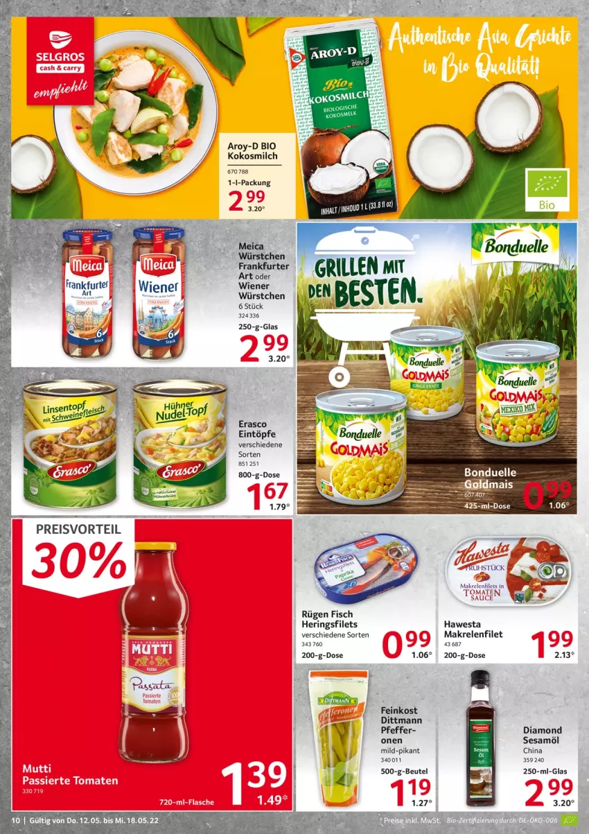 Aktueller Prospekt Selgros - Food - von 12.05 bis 18.05.2022 - strona 10 - produkty: beutel, bio, dittmann, eintöpfe, eis, feinkost, filet, filets, fisch, hawesta, hering, Herings, heringsfilets, kokos, kokosmilch, Makrele, Makrelenfilets, milch, pfeffer, preisvorteil, reis, rel, ring, sauce, saucen, sesam, Sesamöl, Ti, wiener, würstchen