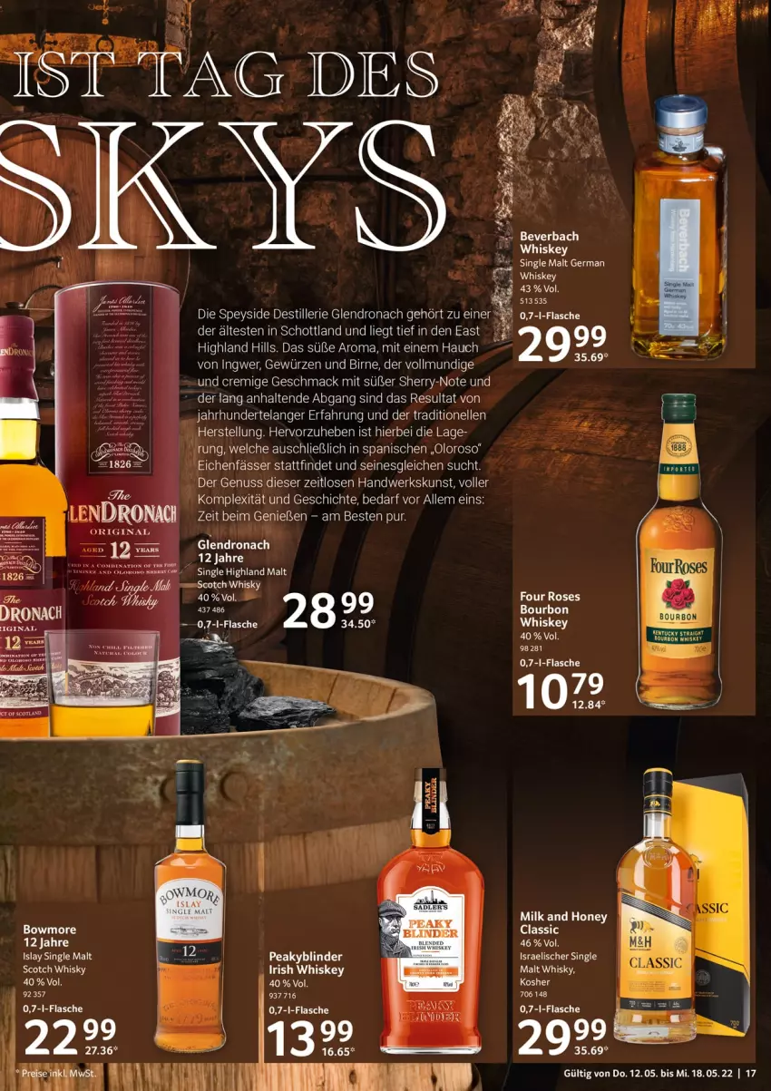 Aktueller Prospekt Selgros - Food - von 12.05 bis 18.05.2022 - strona 17 - produkty: bourbon, Bowmore, Elan, elle, flasche, gewürz, gin, ingwer, irish whiskey, islay single malt, mac, nuss, rel, schott, scotch, scotch whisky, single malt, Ti, whiskey, whisky