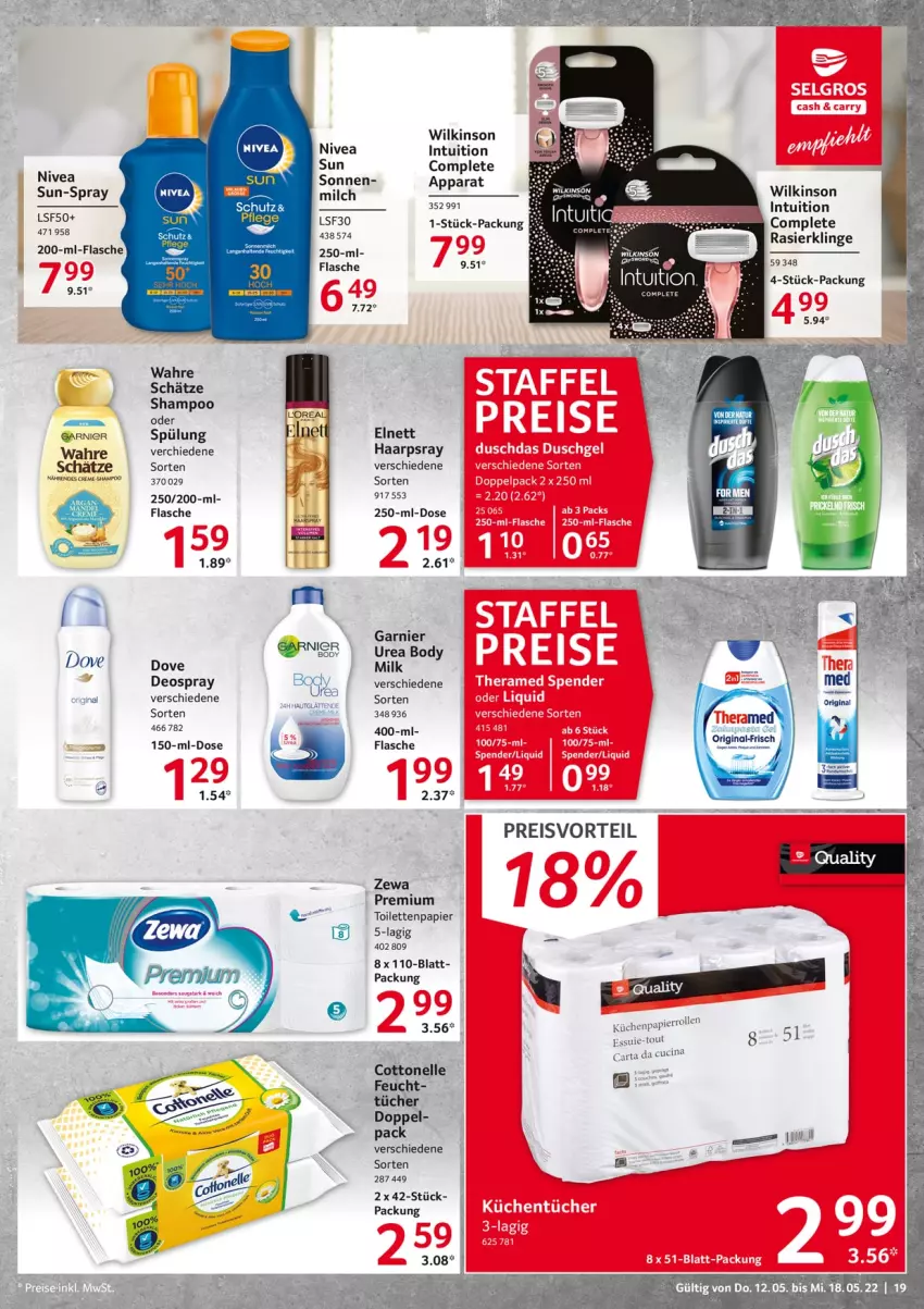 Aktueller Prospekt Selgros - Food - von 12.05 bis 18.05.2022 - strona 19 - produkty: body, cin, cottonelle, creme, deo, deospray, dove, eis, elle, elnett, flasche, garnier, küche, Küchen, milch, nivea, nivea sun, papier, preisvorteil, Rasierklinge, reis, shampoo, shampoo oder spülung, spülung, tee, Ti, toilettenpapier, tücher, Wahre Schätze, wilkinson, zewa