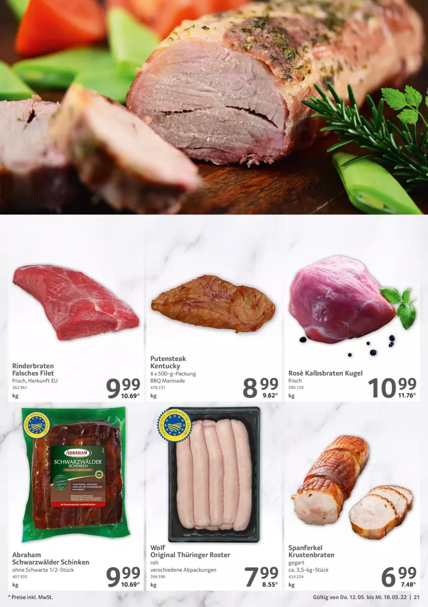 Aktueller Prospekt Selgros - Food - von 12.05 bis 18.05.2022 - strona 21 - produkty: braten, eis, Falsches Filet, filet, gin, krustenbraten, Kugel, marinade, original thüringer, pute, reis, rind, rinder, rinderbraten, ring, schinken, schwarzwälder schinken, steak, Ti, tuc