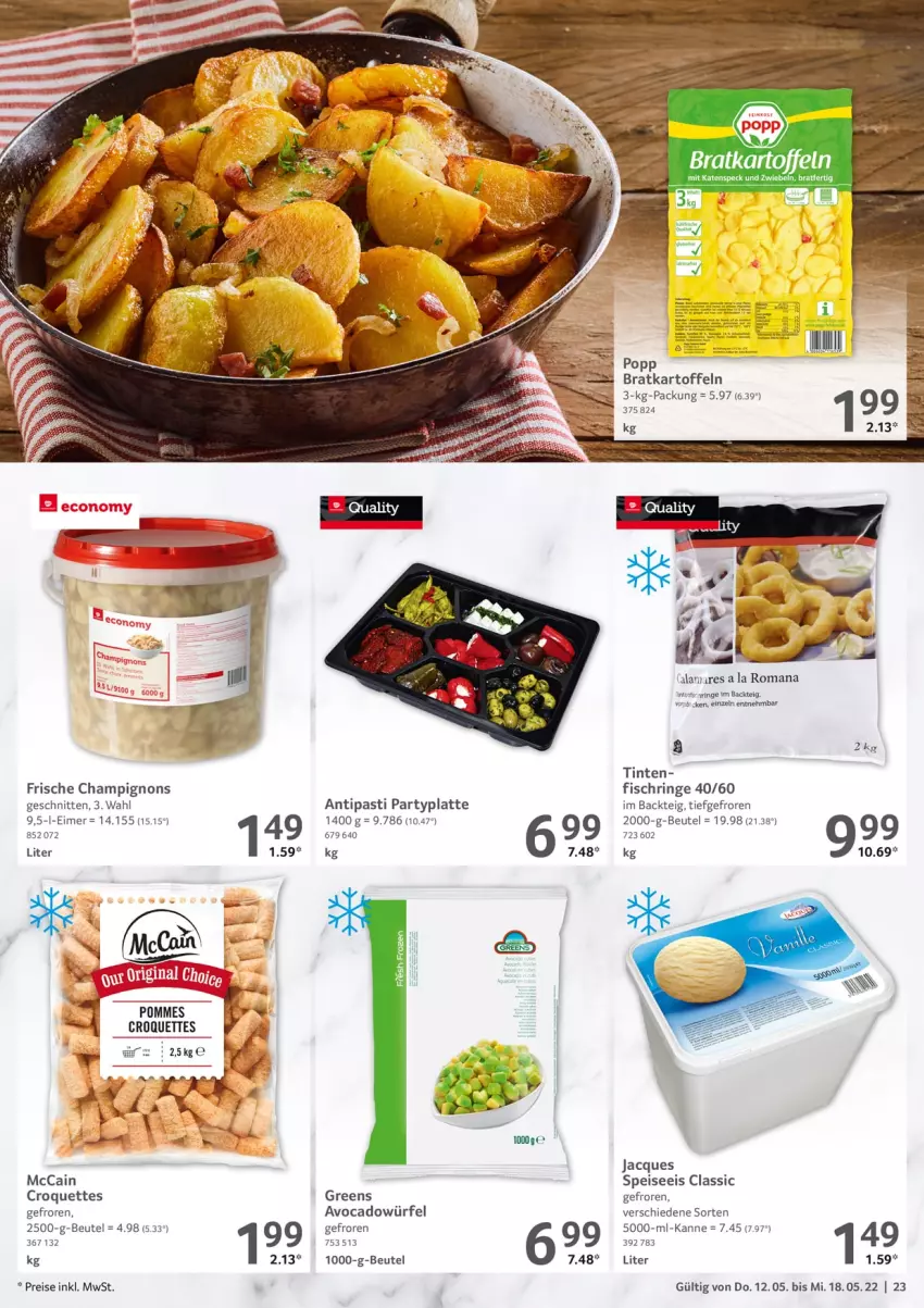 Aktueller Prospekt Selgros - Food - von 12.05 bis 18.05.2022 - strona 23 - produkty: antipasti, asti, avocado, beutel, champignon, champignons, eimer, eis, fisch, kartoffel, kartoffeln, latte, LG, mccain, pommes, Popp, reis, ring, schnitten, Speck, Ti, würfel, zwiebel, zwiebeln