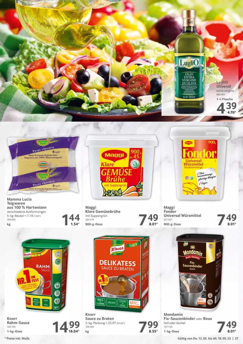 Aktueller Prospekt Selgros - Food - von 12.05 bis 18.05.2022 - strona 27 - produkty: beutel, braten, Brühe, eis, Gemüsebrühe, gin, hartweizen, knorr, maggi, mam, mondamin, olive, oliven, olivenöl, pasta, reis, sauce, saucen, suppe, suppen, teigwaren, Ti