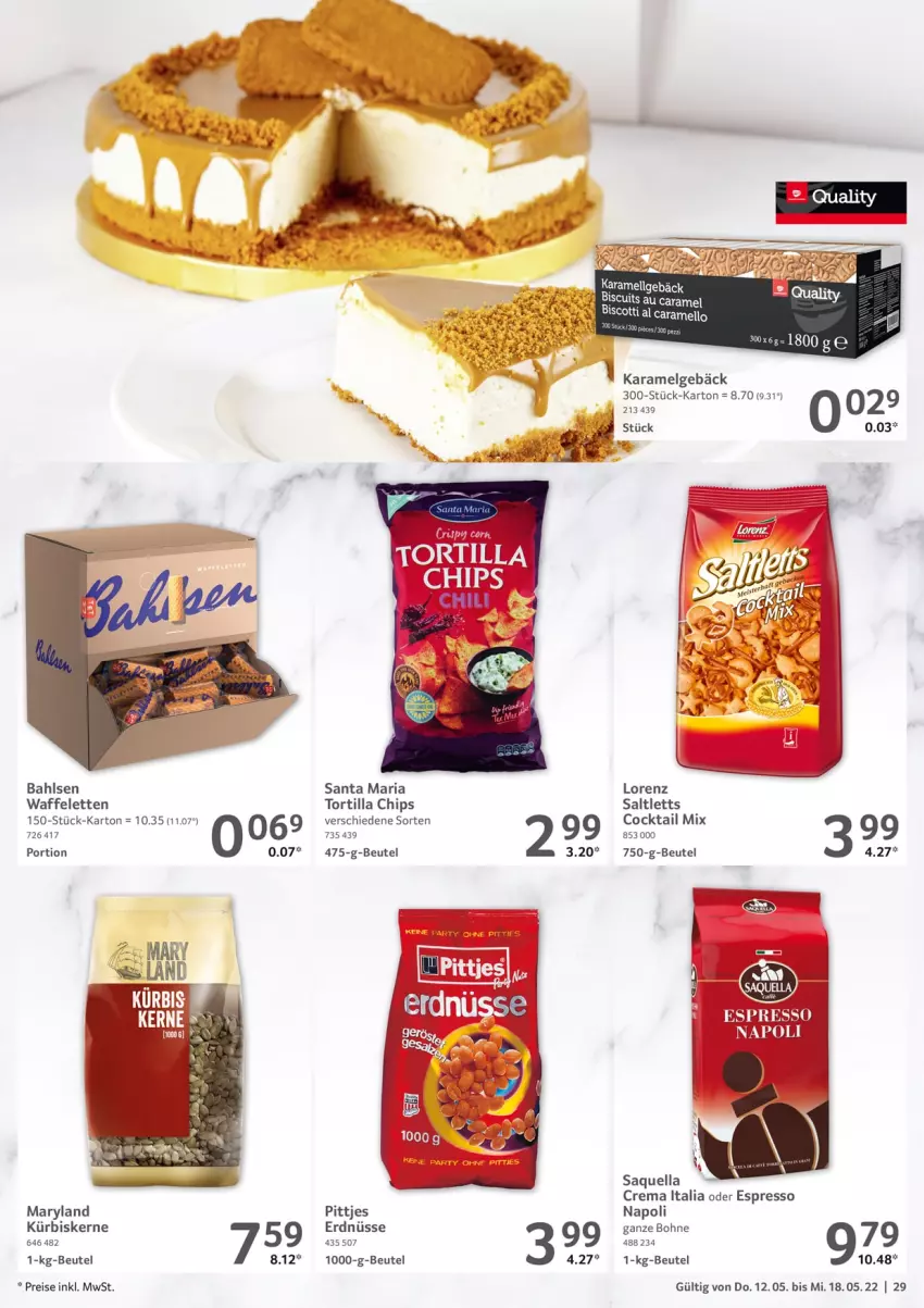 Aktueller Prospekt Selgros - Food - von 12.05 bis 18.05.2022 - strona 29 - produkty: bahlsen, beutel, bohne, chips, cocktail, eis, erdnüsse, espresso, karamell, Kürbis, kürbiskerne, LG, lorenz, oder espresso, reis, Ria, saltletts, Ti, tortilla, Tortilla Chips