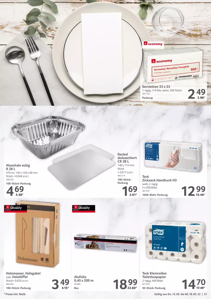 Aktueller Prospekt Selgros - Food - von 12.05 bis 18.05.2022 - strona 31 - produkty: decke, Deckel, eis, gabel, handtuch, Holz, Löffel, messer, papier, reis, Schal, Schale, Serviette, servietten, Ti, toilettenpapier, tuc