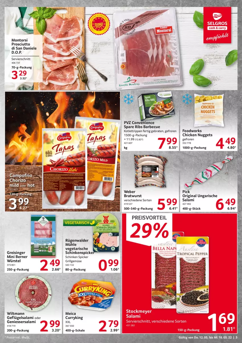 Aktueller Prospekt Selgros - Food - von 12.05 bis 18.05.2022 - strona 5 - produkty: barbecue, braten, bratwurst, chicken nuggets, curry, eis, Geflügel, gin, grill, LG, meica, montorsi, nuggets, preisvorteil, prosciutto, Prosciutto di San Daniele, reis, Rippen, rügenwalder, rügenwalder mühle, salami, Schal, Schale, schinken, schinken spicker, spare ribs, Ti, Vegeta, weber, wiltmann, wurst