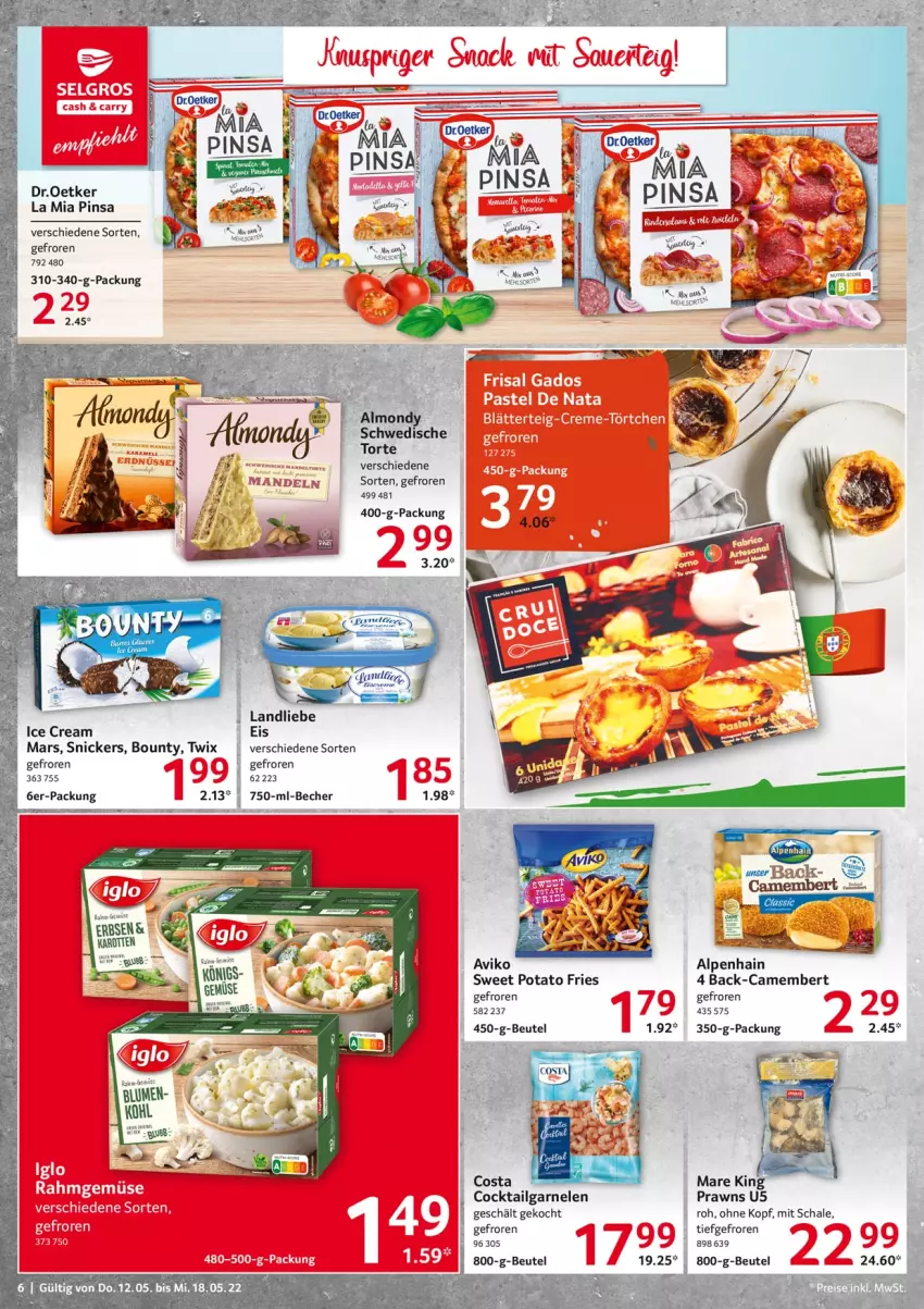 Aktueller Prospekt Selgros - Food - von 12.05 bis 18.05.2022 - strona 6 - produkty: Alpenhain, Becher, beutel, blume, blumen, bounty, camembert, cocktail, eis, erbsen, garnelen, karotten, landliebe, LG, mars, mehl, ndk, prawns, rel, Schal, Schale, snickers, Ti, timer, torte, twix