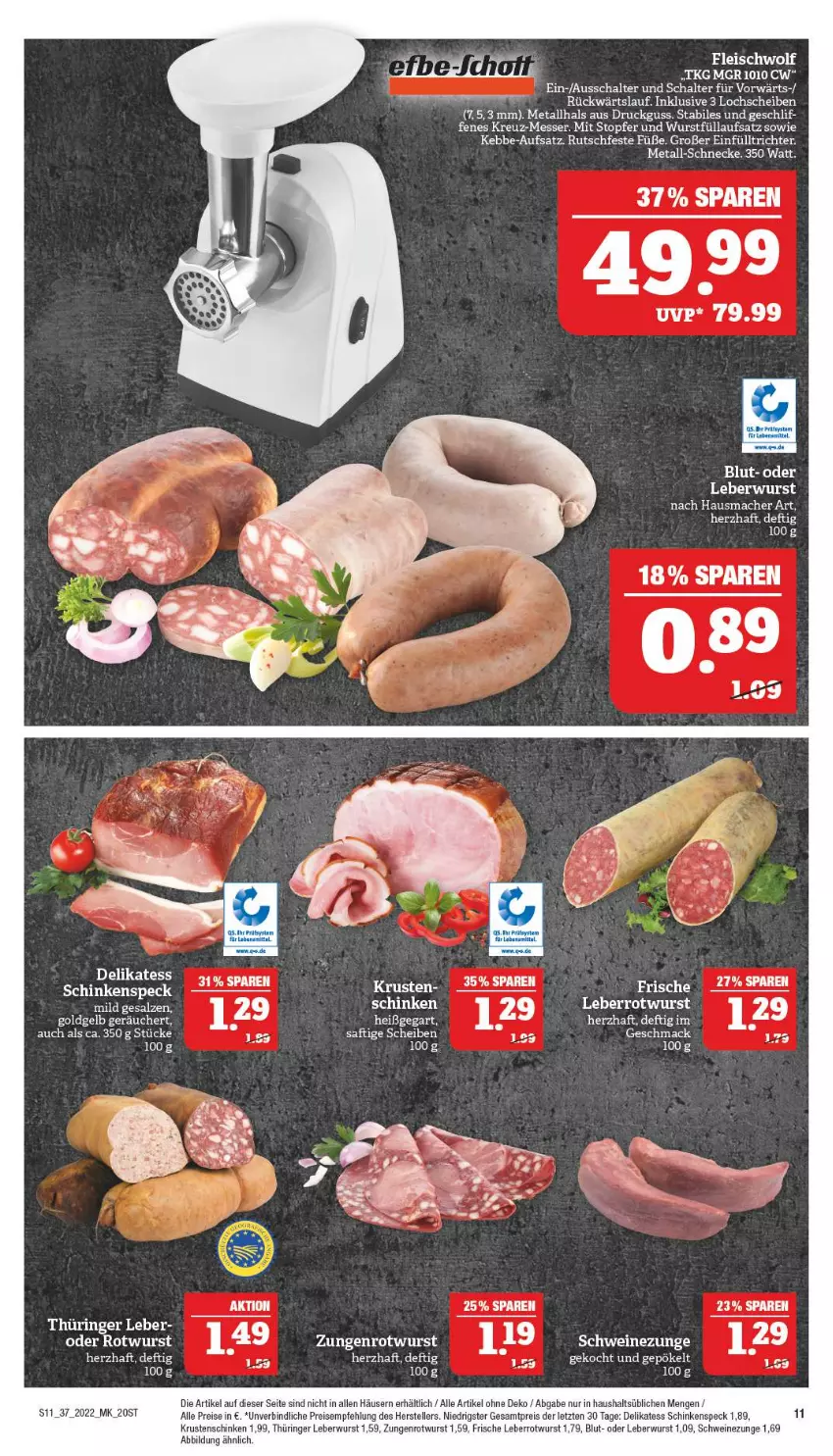 Aktueller Prospekt Marktkauf - Prospekt - von 11.09 bis 17.09.2022 - strona 15 - produkty: Einfülltrichter, eis, elle, fleisch, Hausmacher, Krustenschinken, leberwurst, mac, messer, reis, ring, Rotwurst, salz, Schal, schinken, schinkenspeck, schwein, schweine, Schweinezunge, Speck, teller, Ti, topf, wein, weine, wurst, ZTE