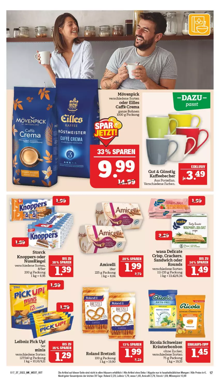 Aktueller Prospekt Marktkauf - Prospekt - von 11.09 bis 17.09.2022 - strona 21 - produkty: amicelli, Becher, bohne, bohnen, caffe, cola, cracker, eis, kaffee, kaffeebecher, knoppers, kräuter, leibniz, mövenpick, nuss, nussriegel, Pick Up!, reis, Ricola, riegel, sandwich, sim, snack, storck, tee, Ti, wasa, Zelt, ZTE, zucker