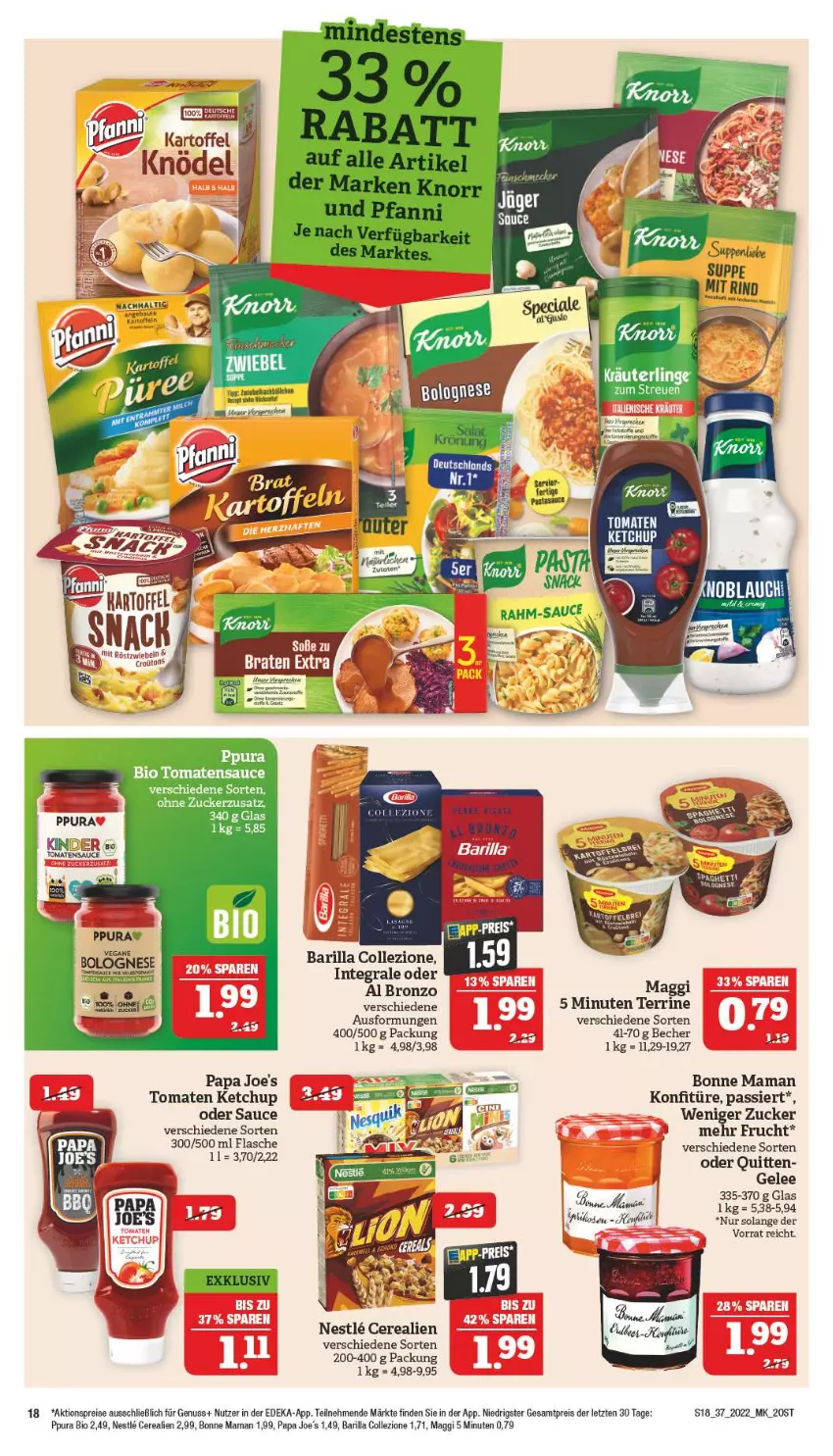 Aktueller Prospekt Marktkauf - Prospekt - von 11.09 bis 17.09.2022 - strona 22 - produkty: aktionspreis, barilla, Bau, Becher, bio, bonne maman, cerealien, deka, eis, ente, frucht, gelee, kartoffel, kartoffeln, ketchup, Knödel, konfitüre, maggi, mam, nuss, Papa Joe's, pils, reis, sauce, terrine, Ti, tomate, tomaten, tomaten ketchup, ZTE, zucker