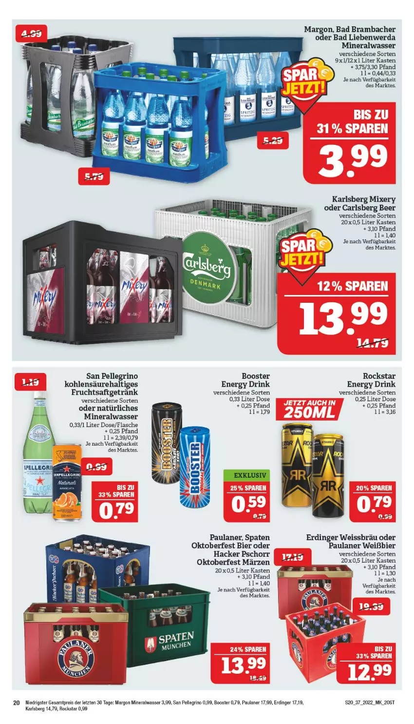 Aktueller Prospekt Marktkauf - Prospekt - von 11.09 bis 17.09.2022 - strona 24 - produkty: Alwa, Bad, Bad Liebenwerda, bier, carlsberg, carlsberg beer, drink, eis, elle, energy drink, erdinger, flasche, frucht, fruchtsaft, fruchtsaftgetränk, getränk, hacker pschorr, karlsberg, karlsberg mixery, mineralwasser, Mixer, mixery, Paula, paulaner, reis, Rockstar, saft, san pellegrino, Spaten, Ti, wasser, ZTE