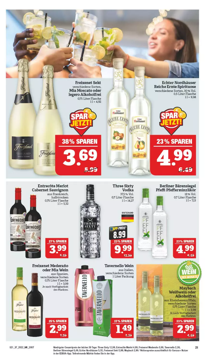 Aktueller Prospekt Marktkauf - Prospekt - von 11.09 bis 17.09.2022 - strona 25 - produkty: aktionspreis, alkohol, berliner, cabernet, cabernet sauvignon, deka, eis, flasche, freixenet, likör, maybach, merl, merlot, nuss, pfeffer, pfefferminzlikör, reis, sauvignon, sekt, Three Sixty, Ti, vernel, vodka, wein, ZTE